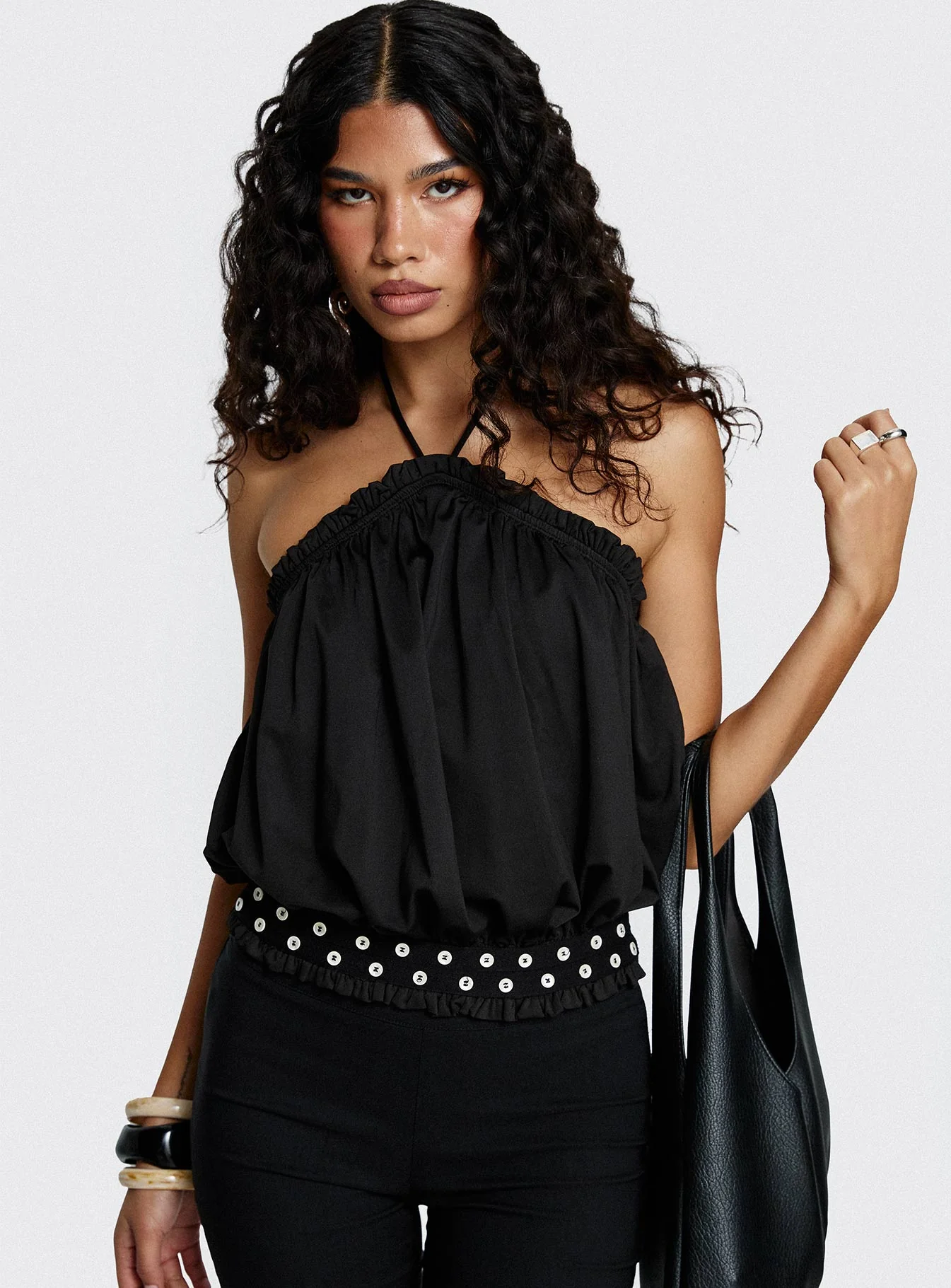 Mikki Tie Neck Button Detail Top Black