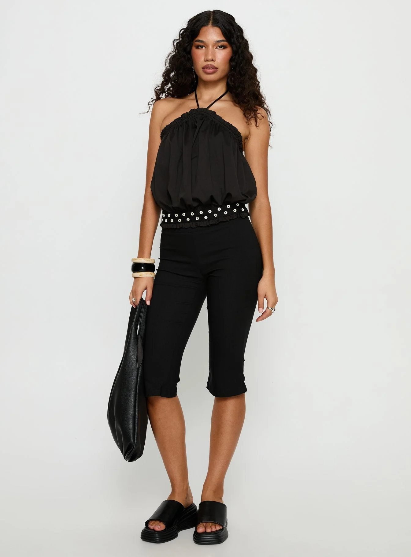 Mikki Tie Neck Button Detail Top Black - Image 3