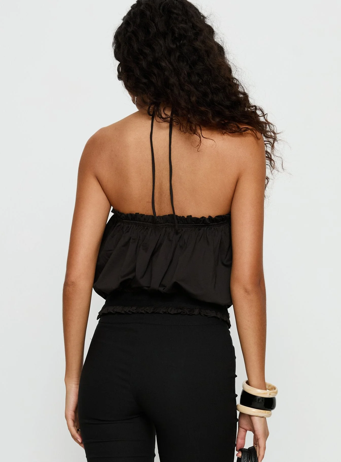 Mikki Tie Neck Button Detail Top Black - Image 5