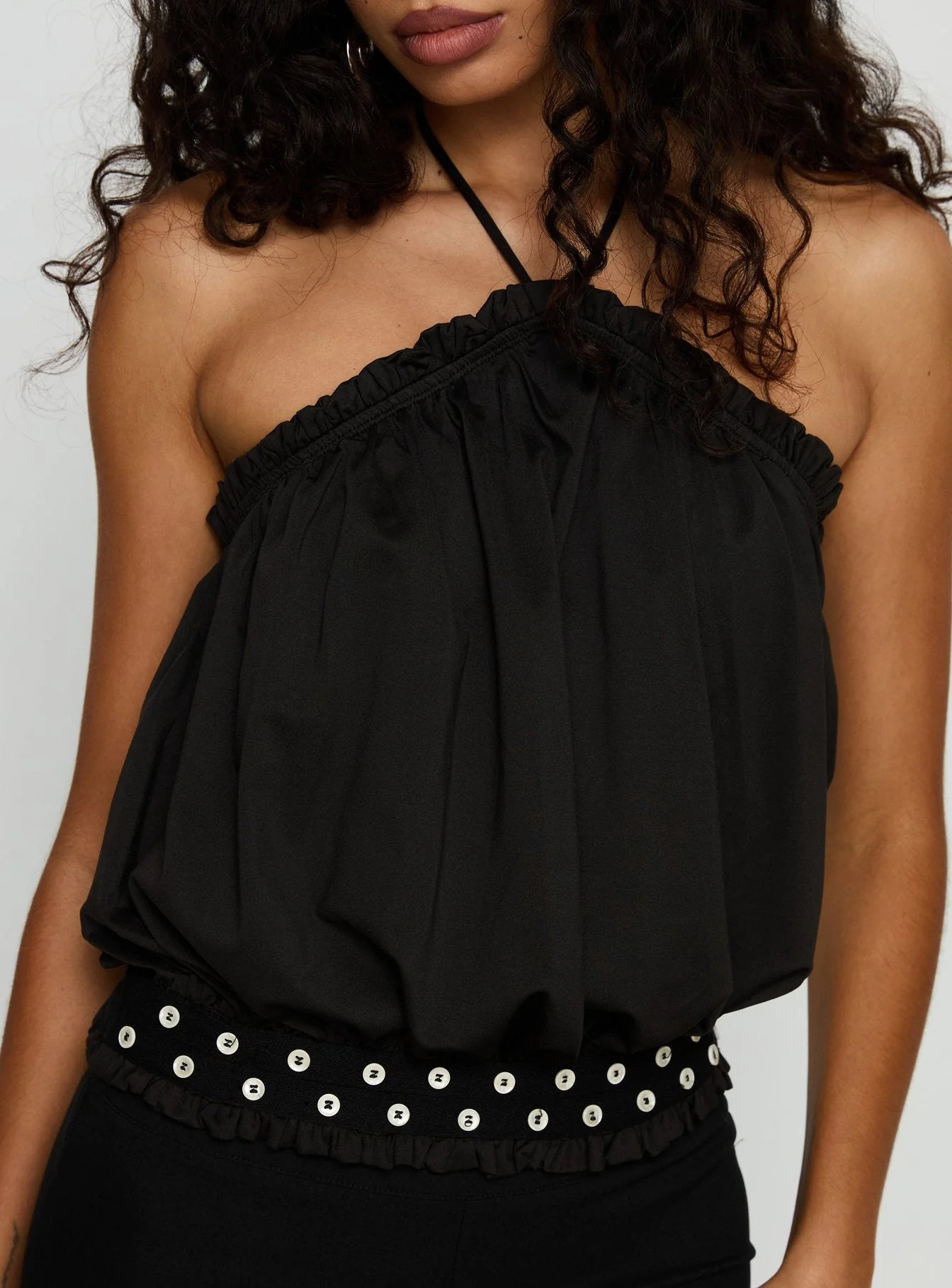 Mikki Tie Neck Button Detail Top Black - Image 6