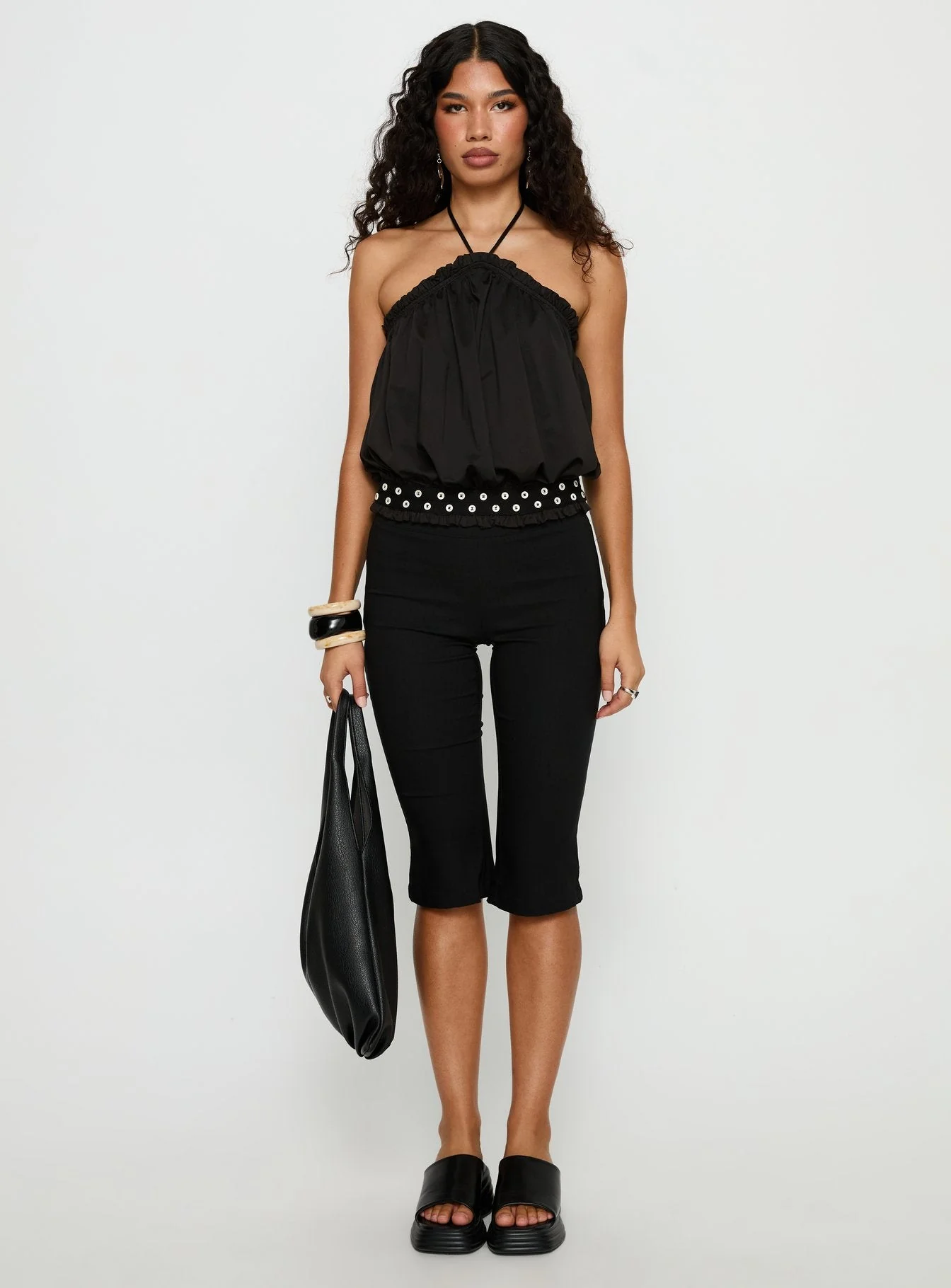 Mikki Tie Neck Button Detail Top Black - Image 7