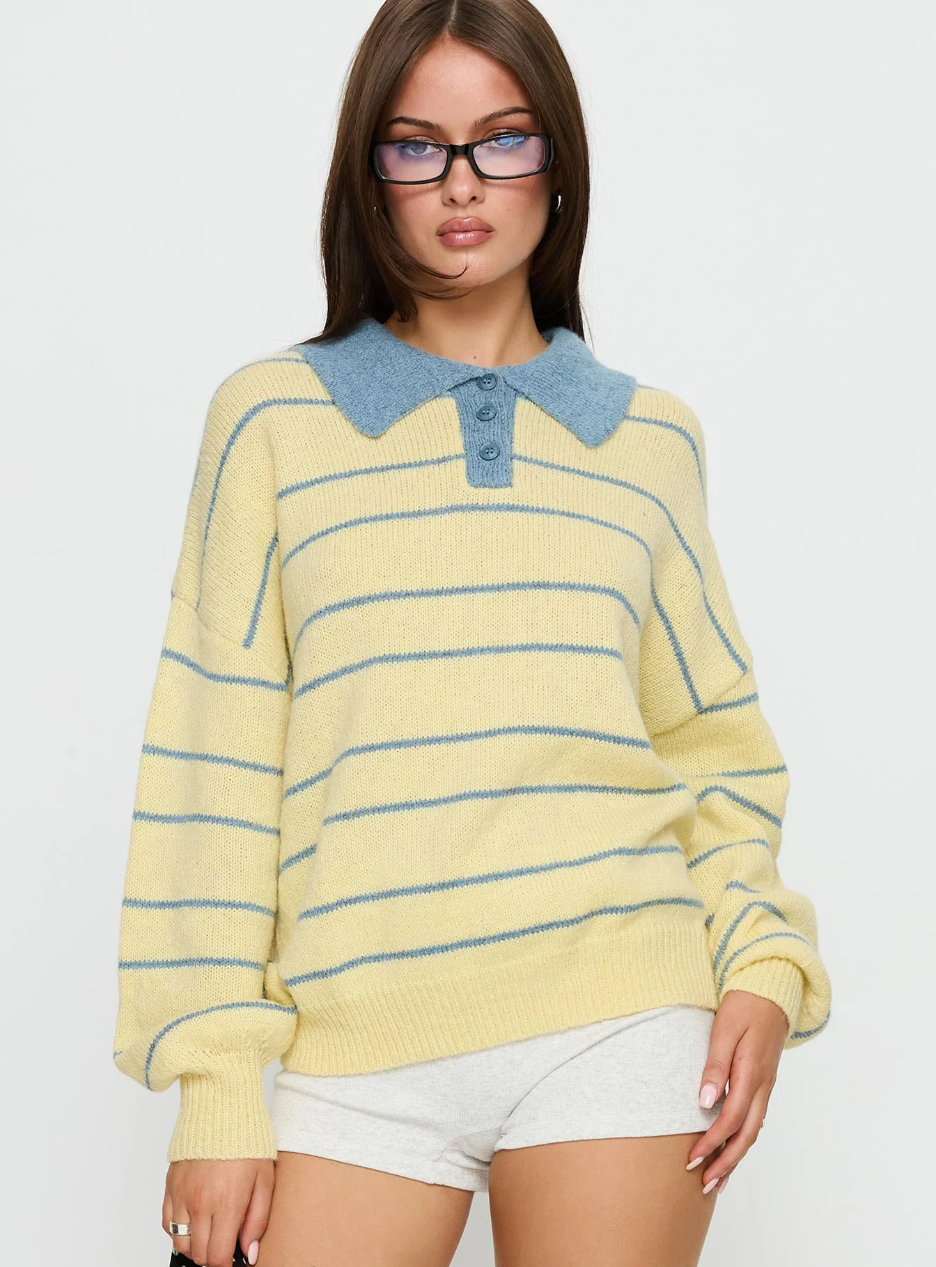 Minda Collared Knit Sweater Yellow Stripe - Image 2