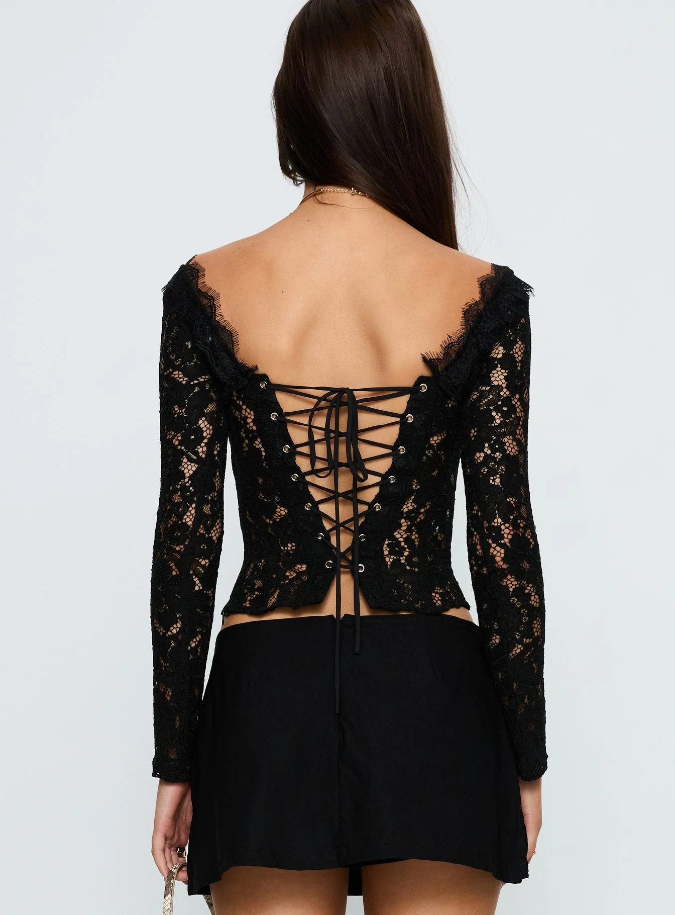 Miquela Long Sleeve Corset Lace Top Black - Image 4