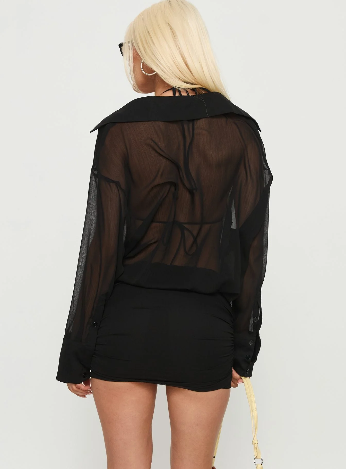 Moonrising Long Sleeve Sheer Blouson Mini Dress Black - Image 5