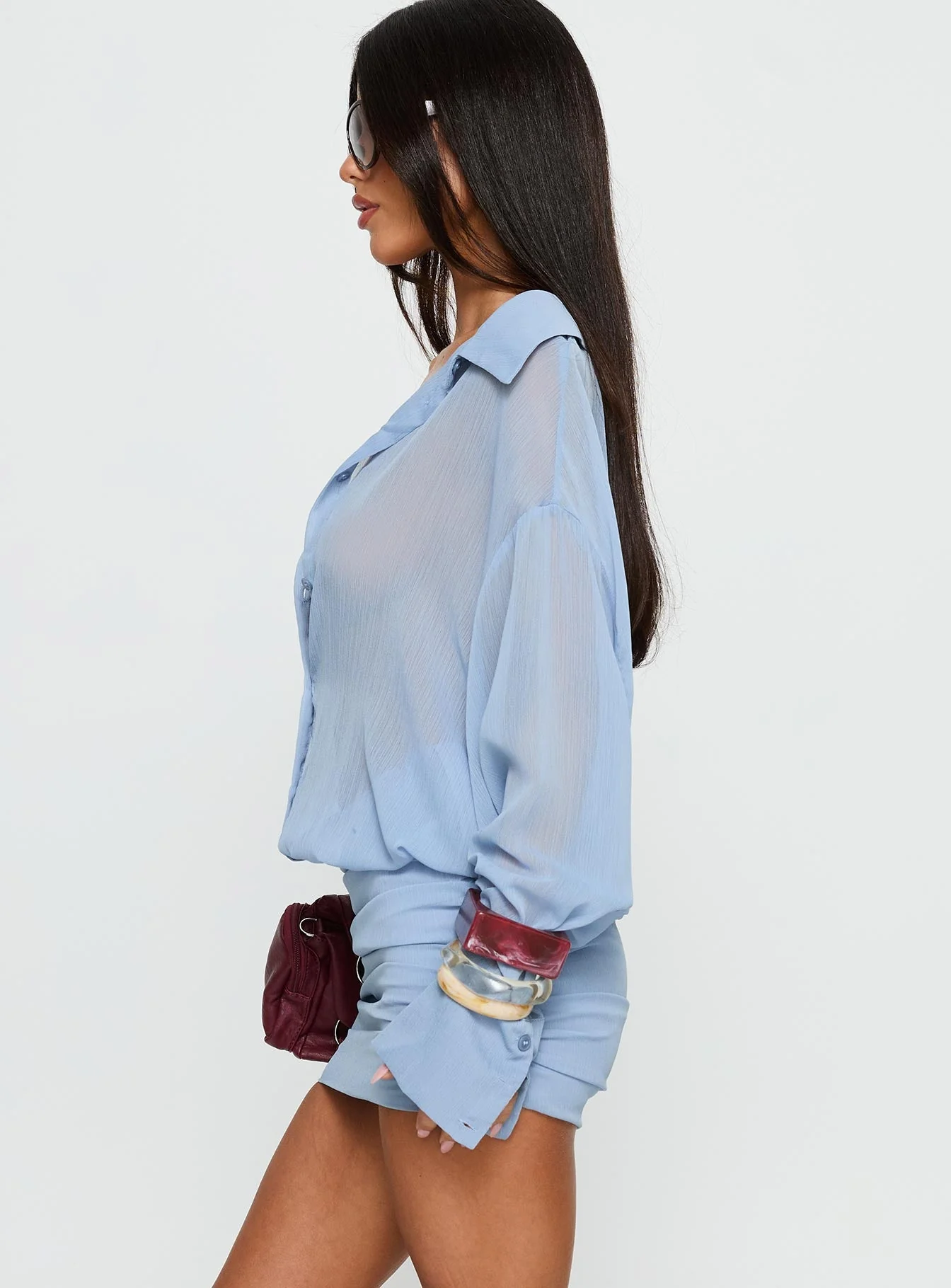 Moonrising Long Sleeve Sheer Blouson Mini Dress Blue - Image 4