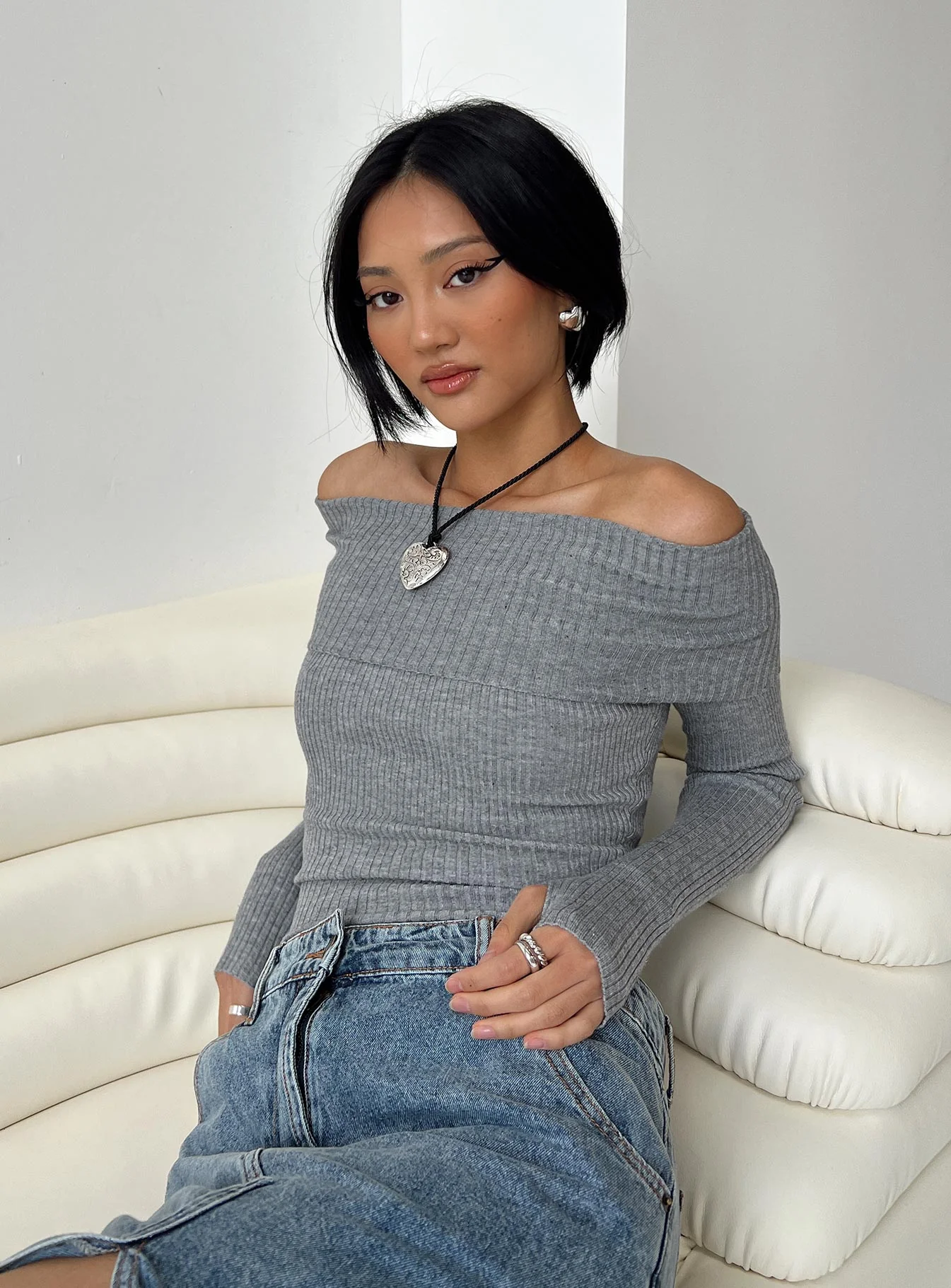 Morley Off Shoulder Sweater Grey Marle - Image 7