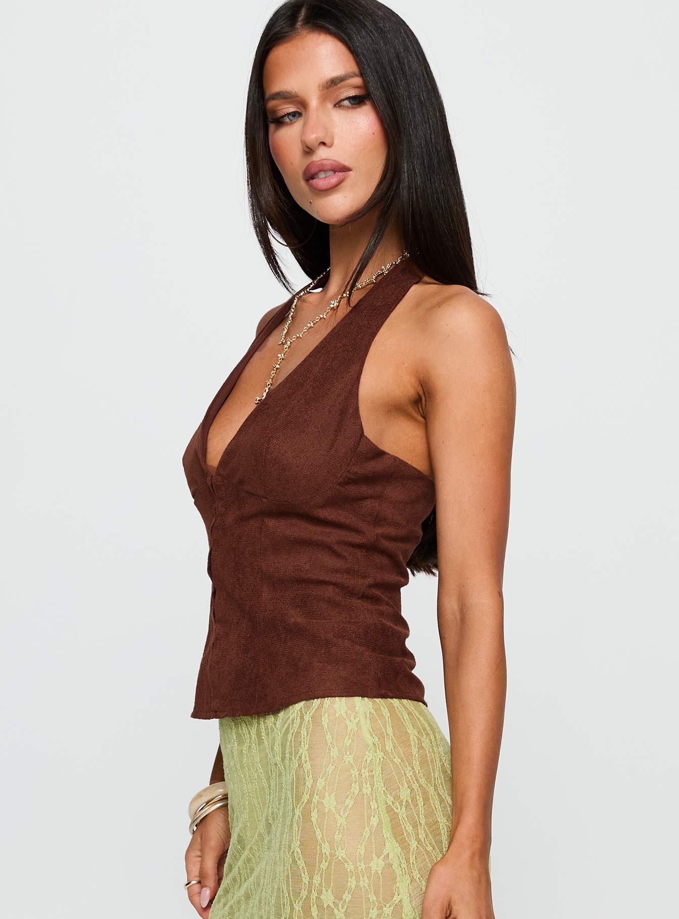 Movie Stars Faux Suede Halter Top Brown - Image 4