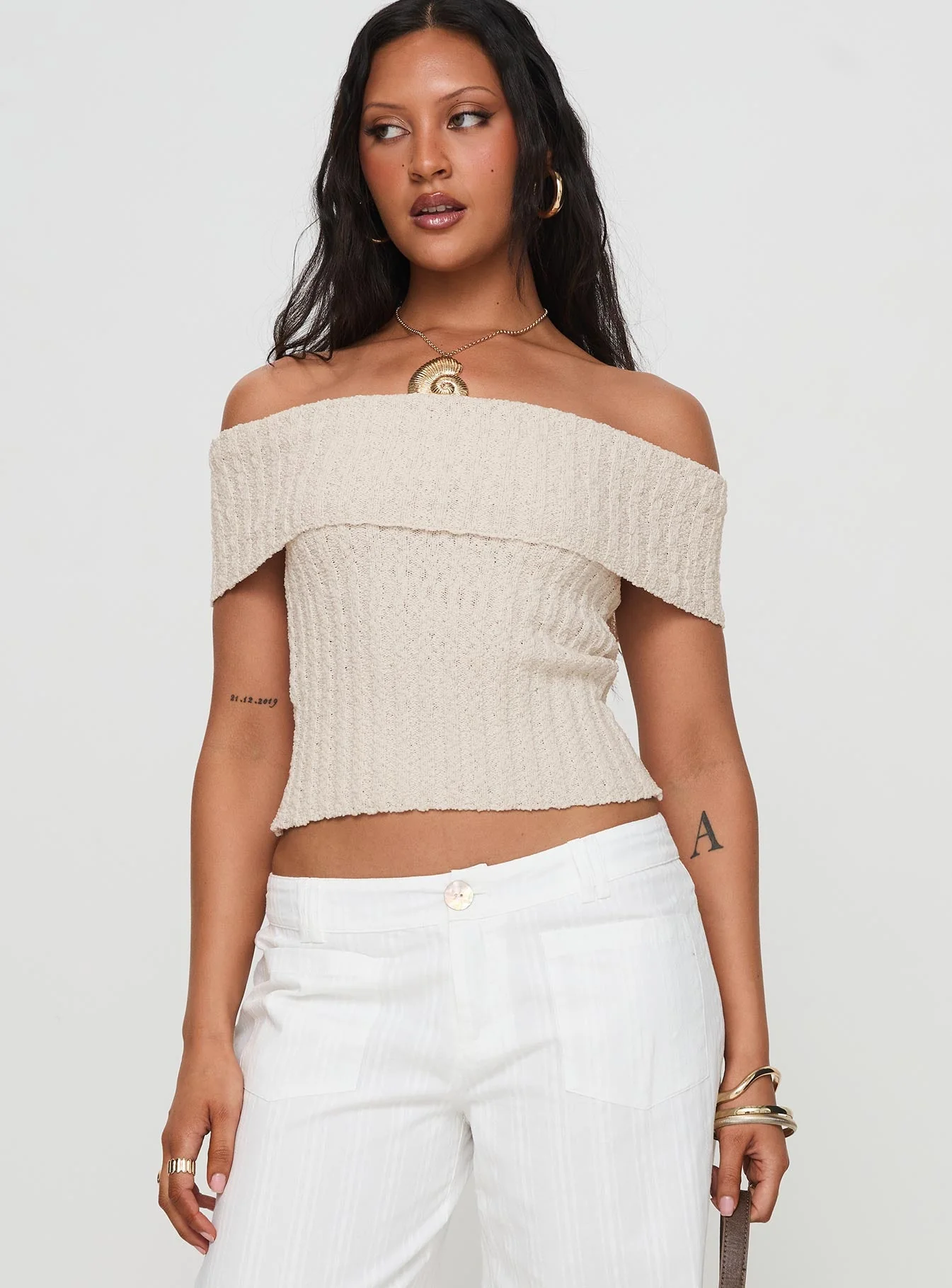 Murmur Off Shoulder Top Beige - Image 2