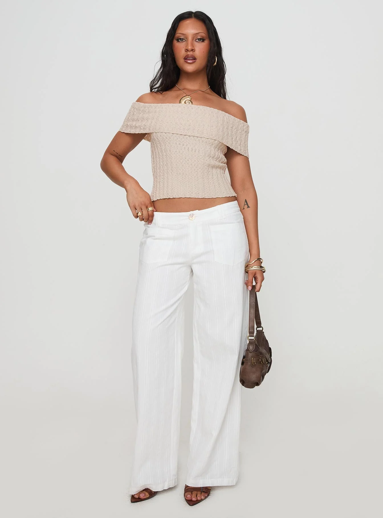 Murmur Off Shoulder Top Beige - Image 3