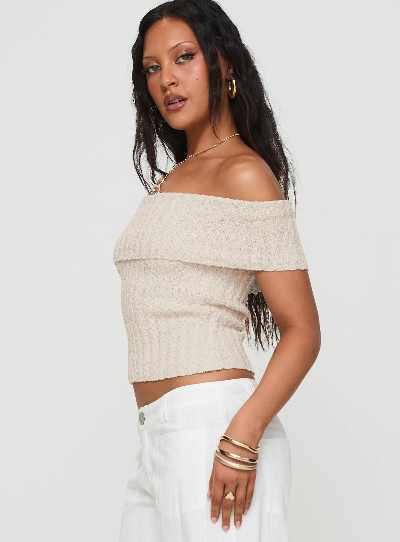Murmur Off Shoulder Top Beige - Image 5
