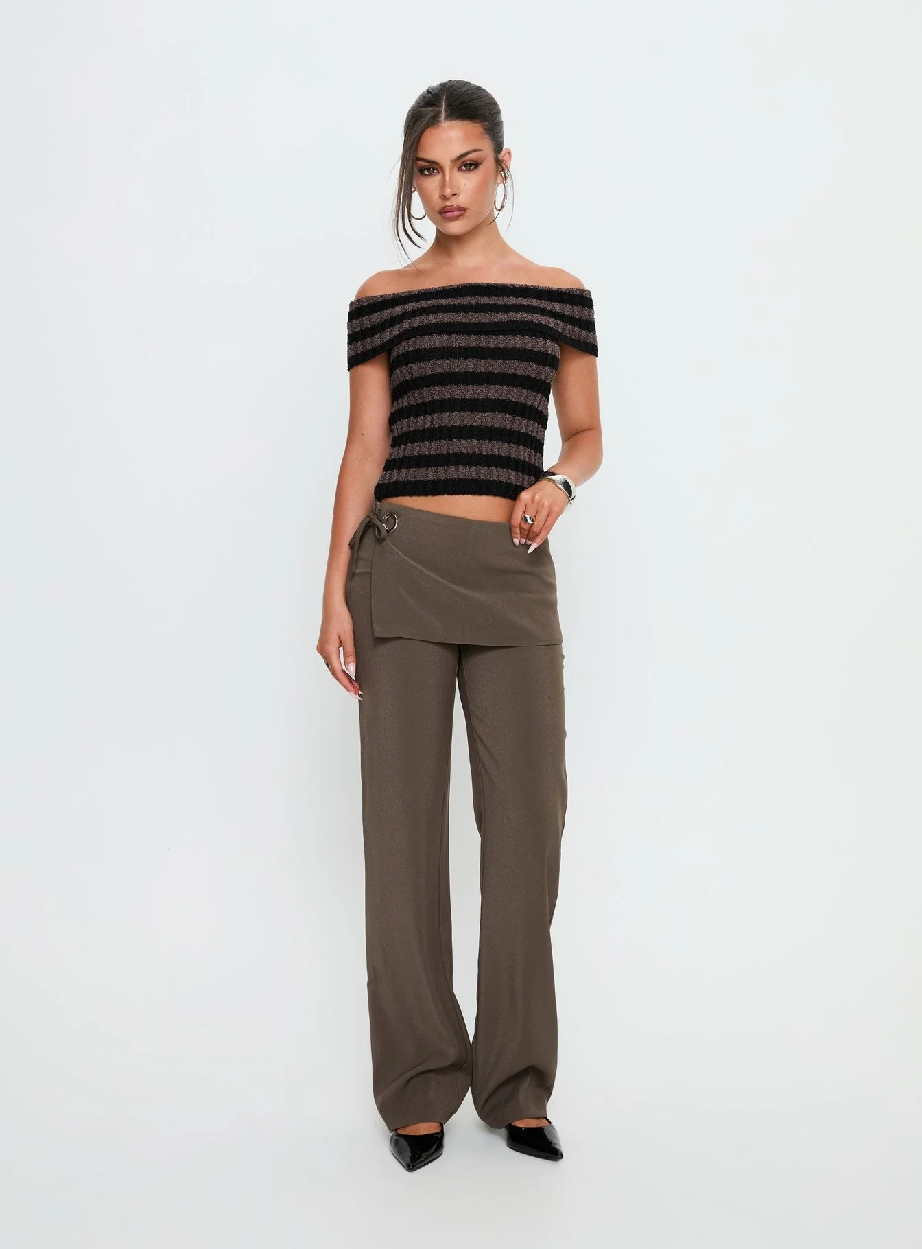Murmur Off Shoulder Top Brown / Black Stripe - Image 2