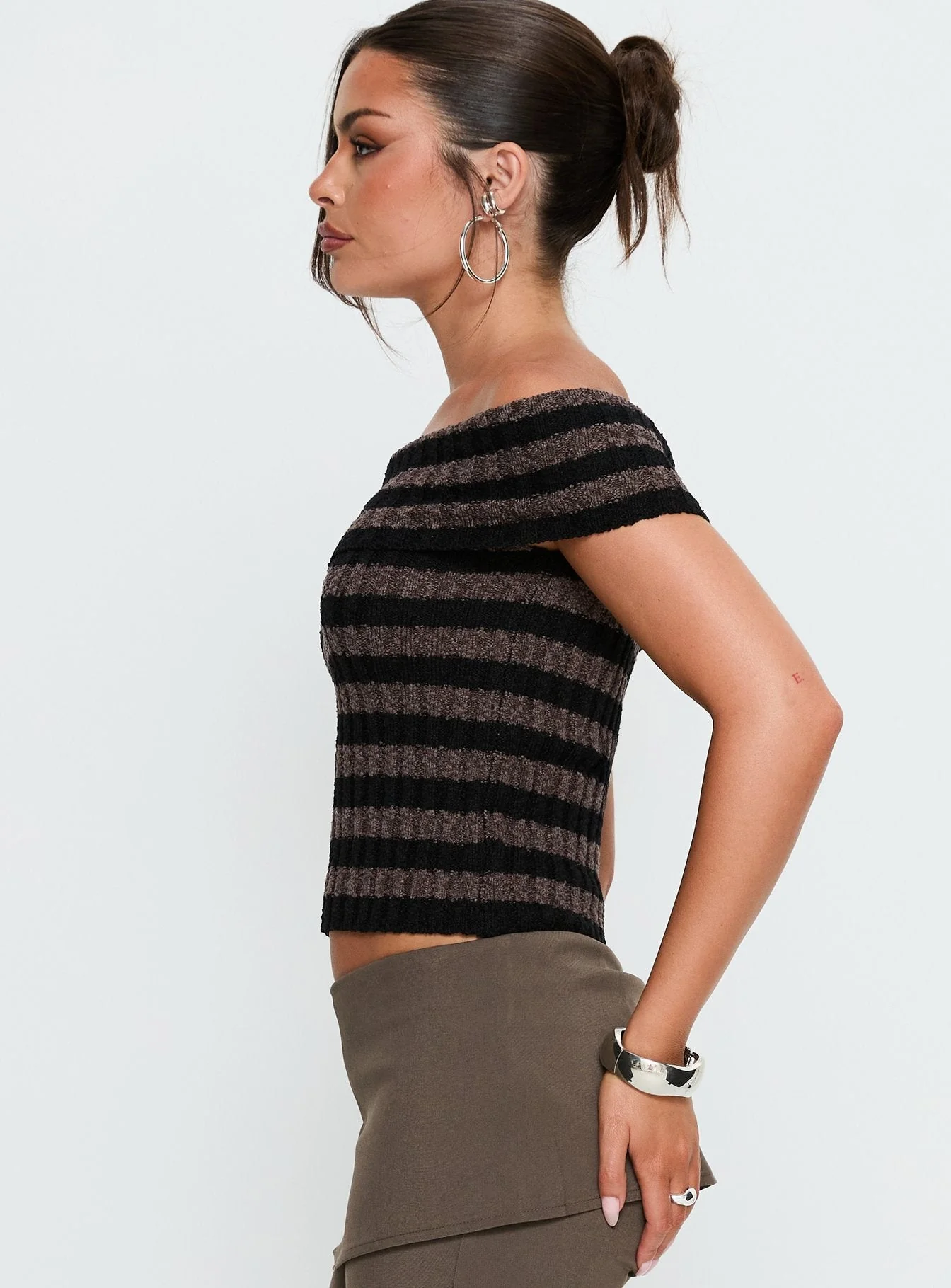 Murmur Off Shoulder Top Brown / Black Stripe - Image 3