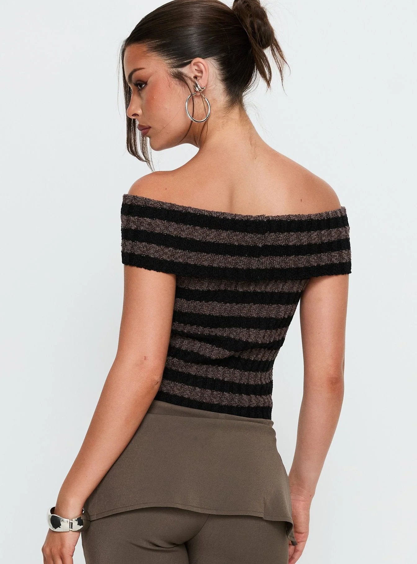 Murmur Off Shoulder Top Brown / Black Stripe - Image 4