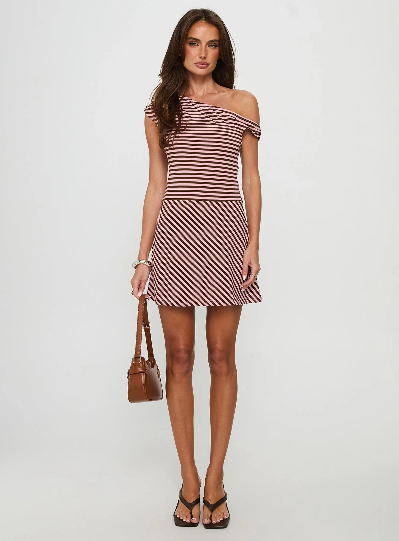 My Fun Off Shoulder Jersey Mini Dress Pink / Brown Stripe - Image 6