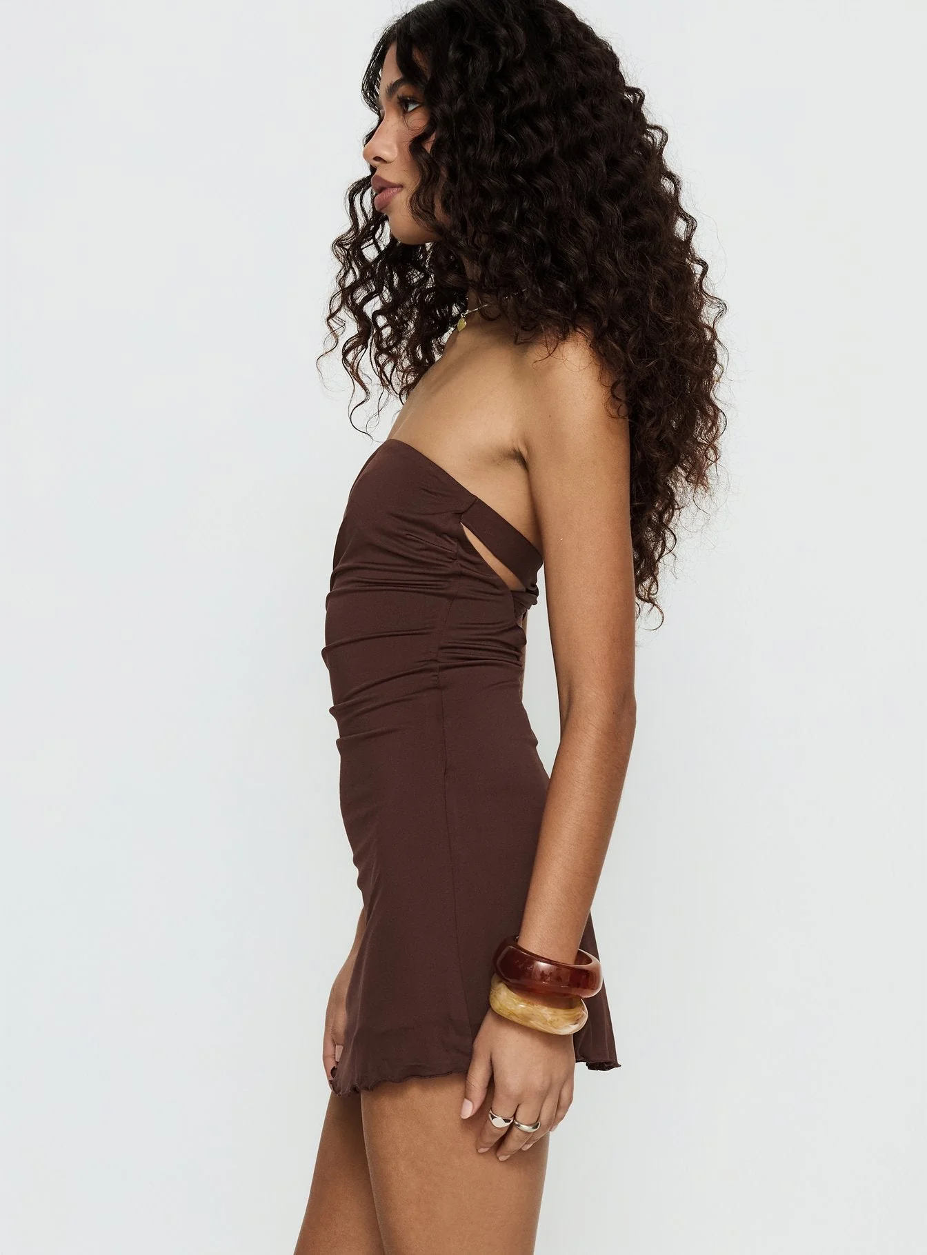 Mykah Strapless Ruched Mini Dress Brown - Image 3