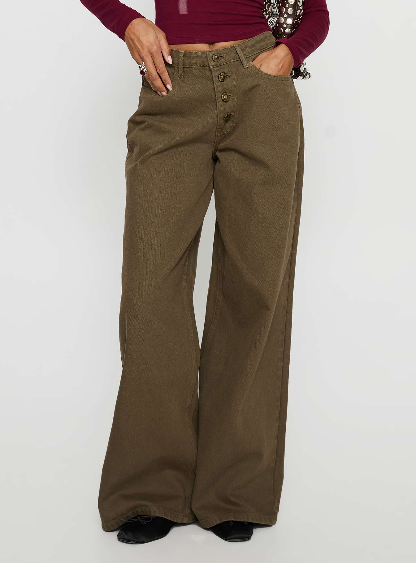 Naylor Mid Rise Wide Leg Jeans Olive - Image 2