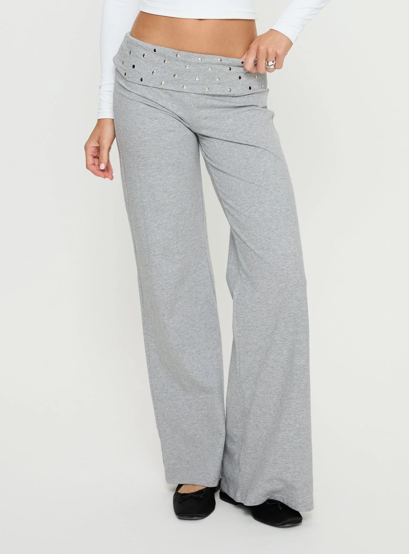 Nevivi Foldover Studded Pants Grey Marle - Image 2