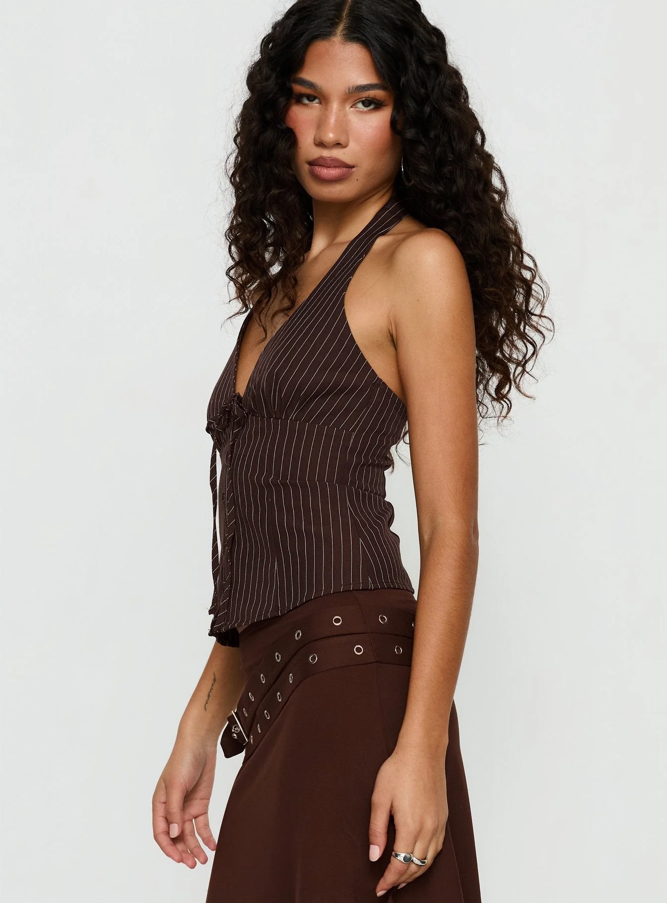 Nickole Halter Tailored Top Brown Stripe - Image 3