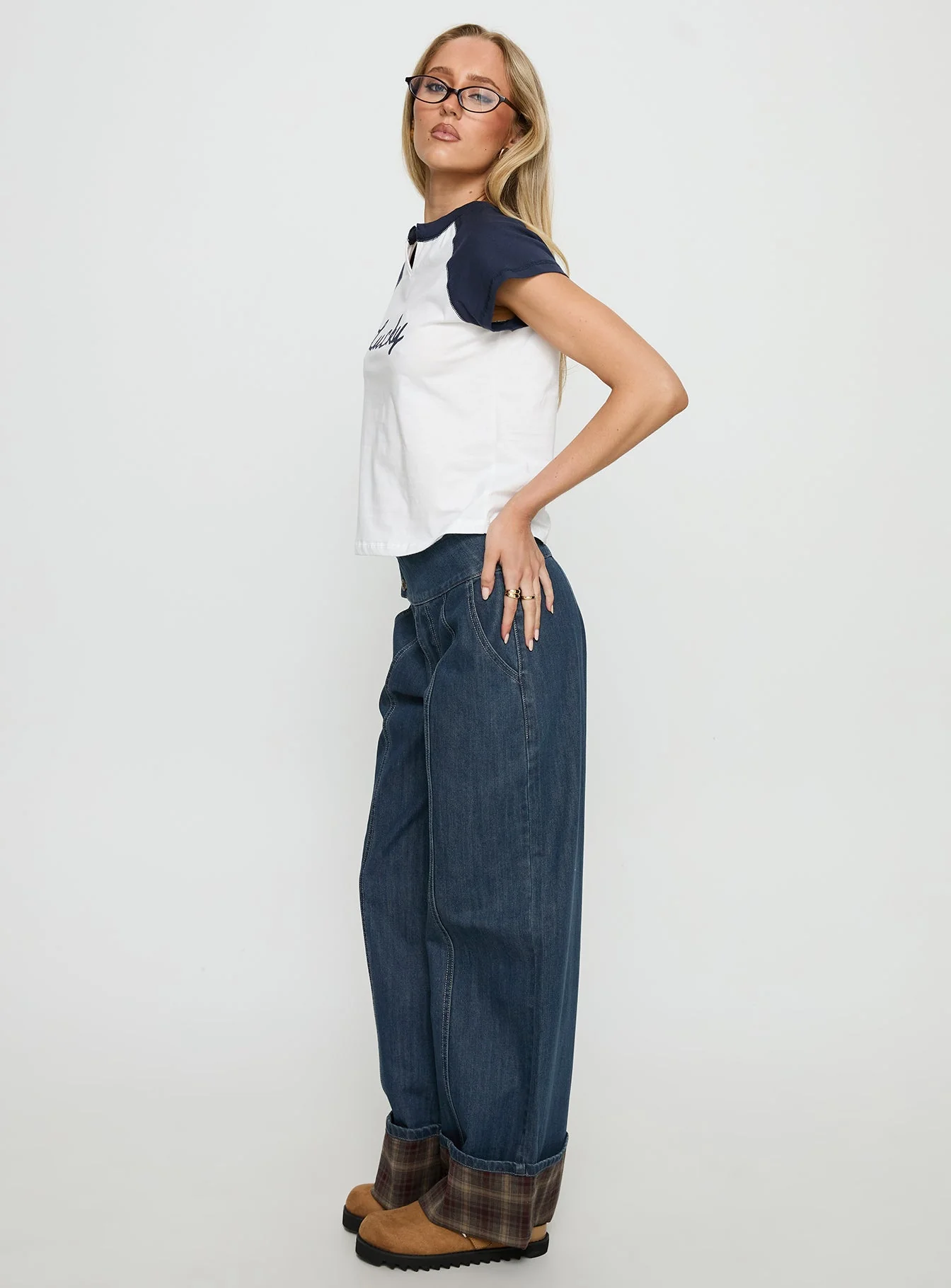Nikoletta Foldover Jeans Dark Wash / Check - Image 4