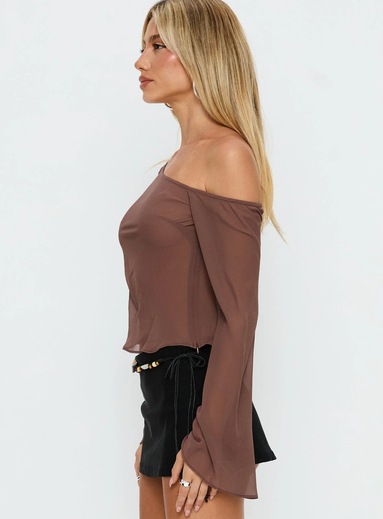 Nivara Chiffon One Shoulder Long Sleeve Top Mocha - Image 4