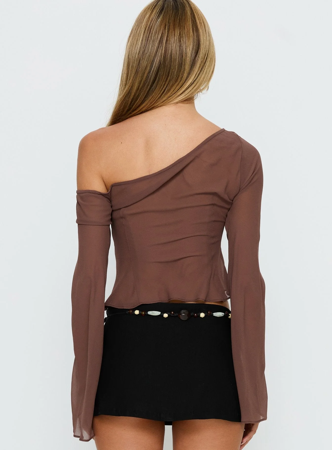 Nivara Chiffon One Shoulder Long Sleeve Top Mocha - Image 5