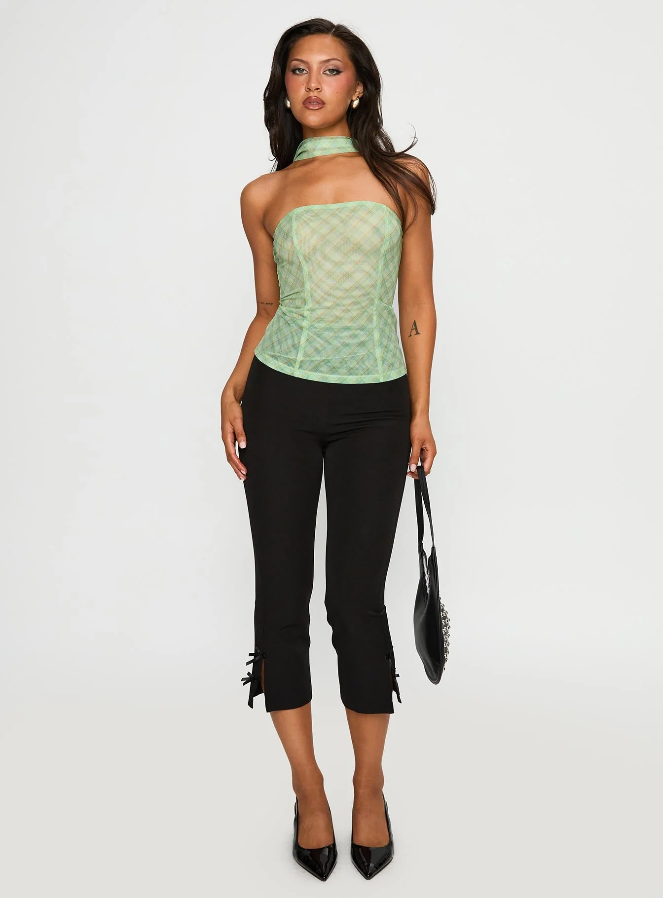 No Comparison Neck Tie Strapless Top Green Check - Image 3