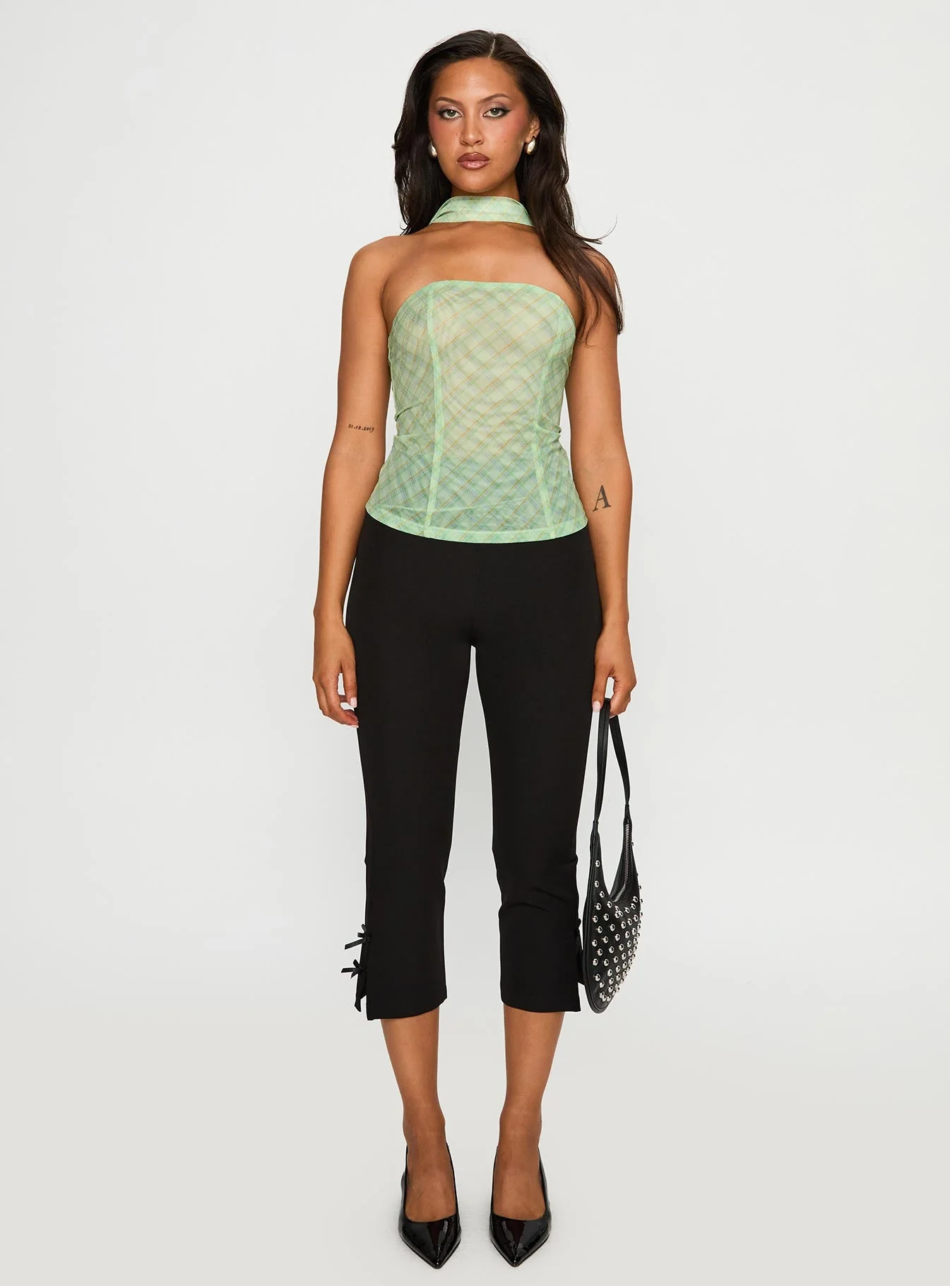 No Comparison Neck Tie Strapless Top Green Check - Image 7