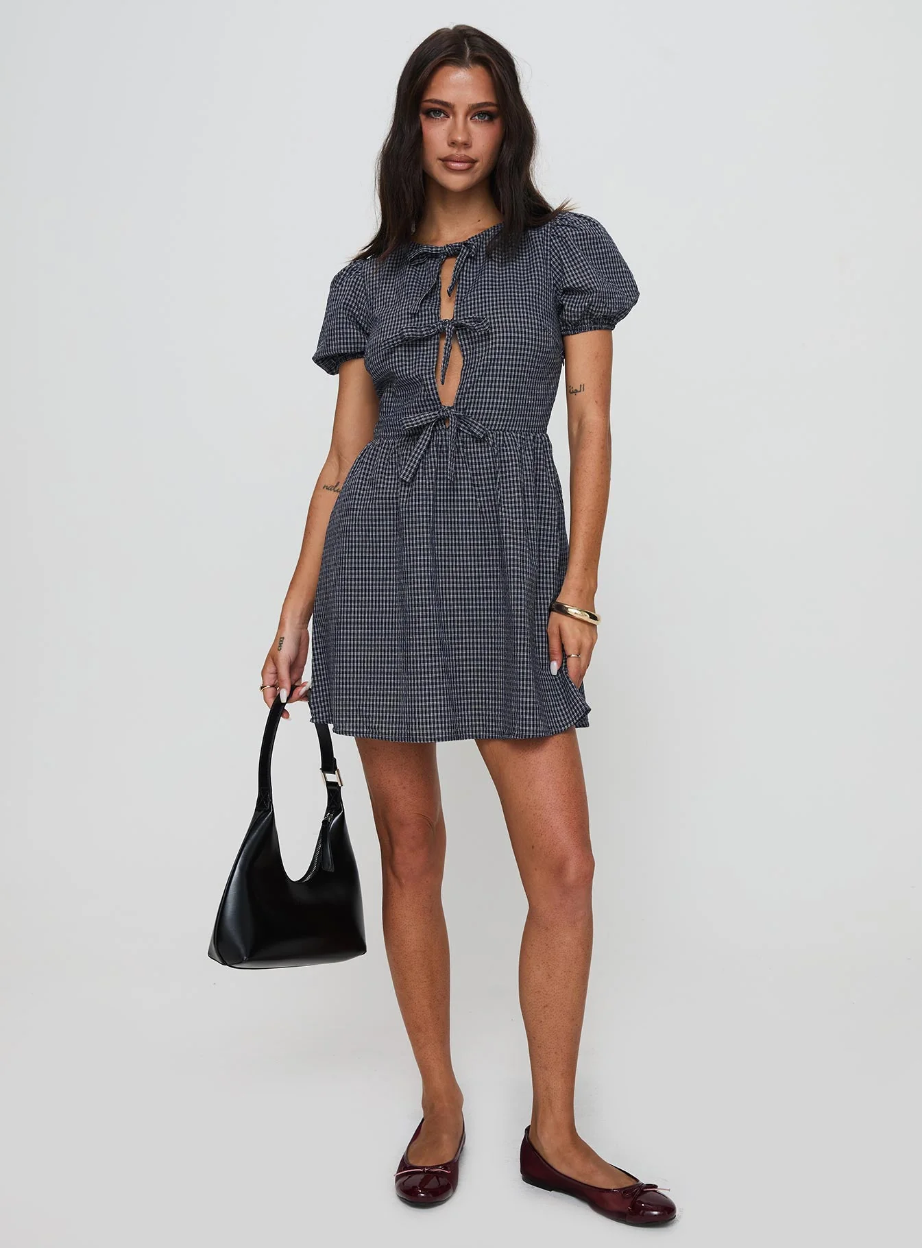Nurture Bow Mini Dress Navy Check - Image 2