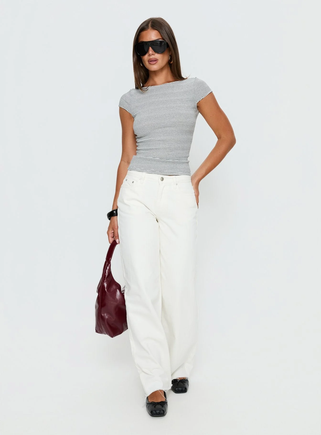 Nyren Low Back Boatneck Top White / Black Stripe - Image 3