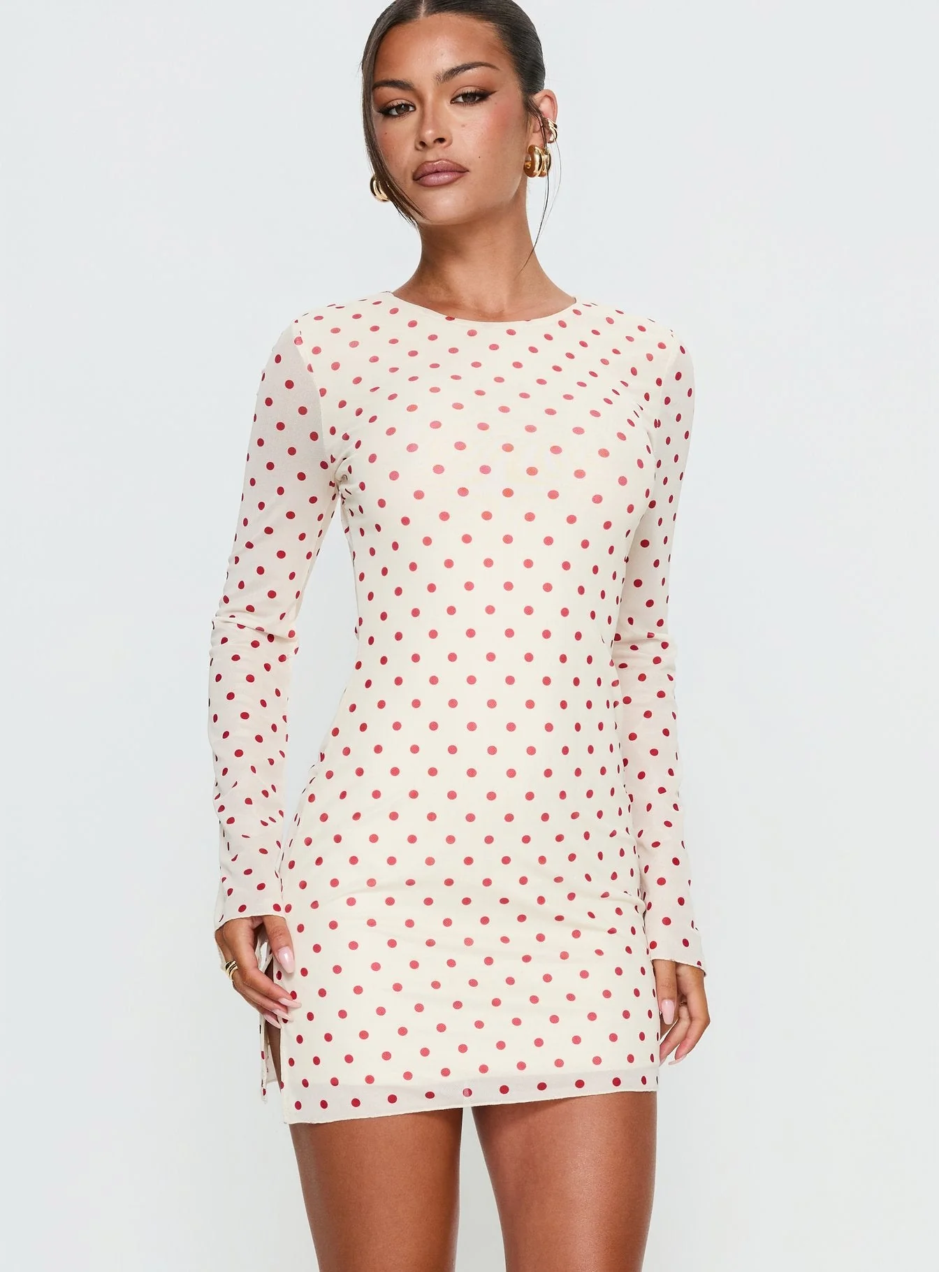 Nyxia Long Sleeve Mini Dress Cream / Red Polka - Image 2