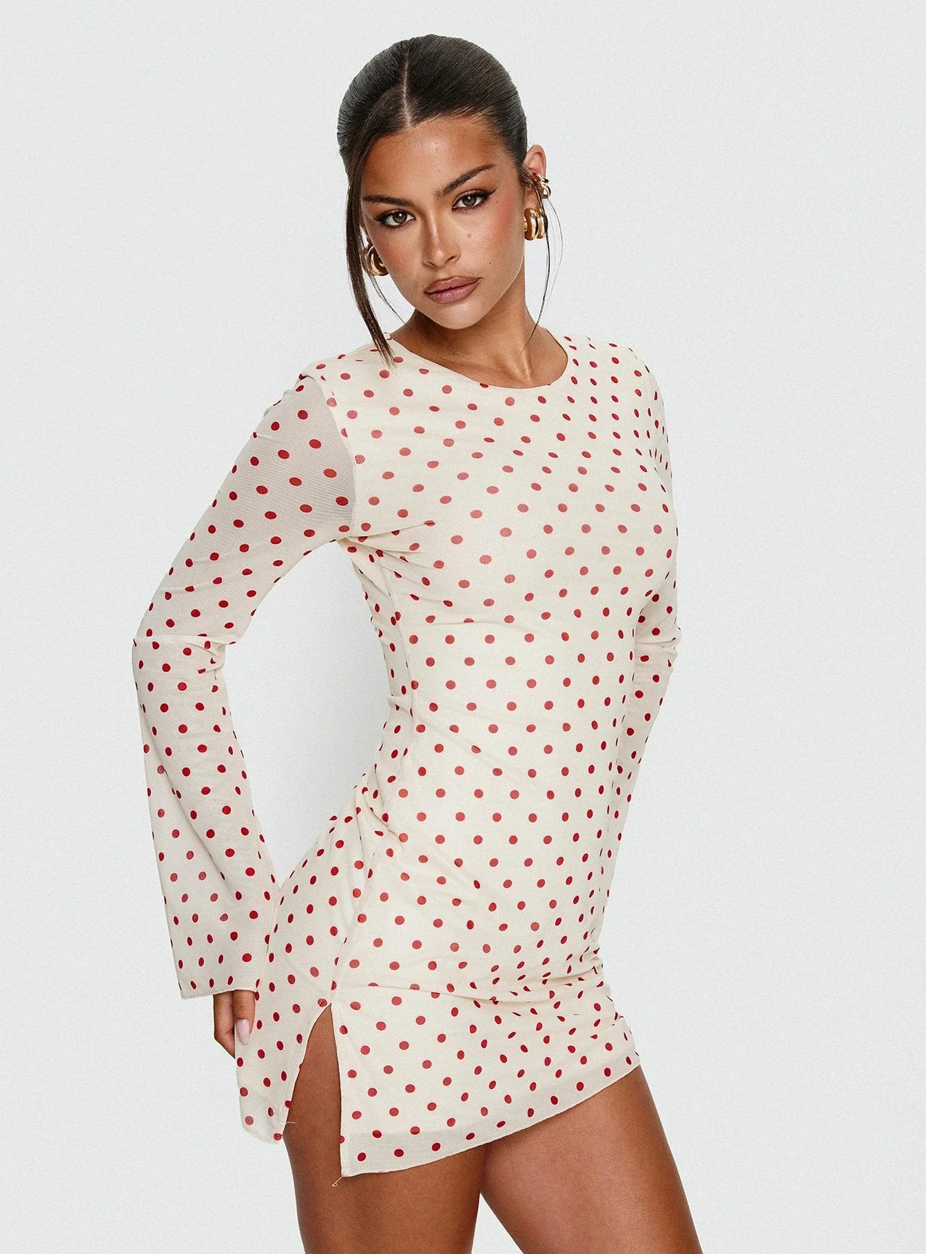 Nyxia Long Sleeve Mini Dress Cream / Red Polka - Image 8