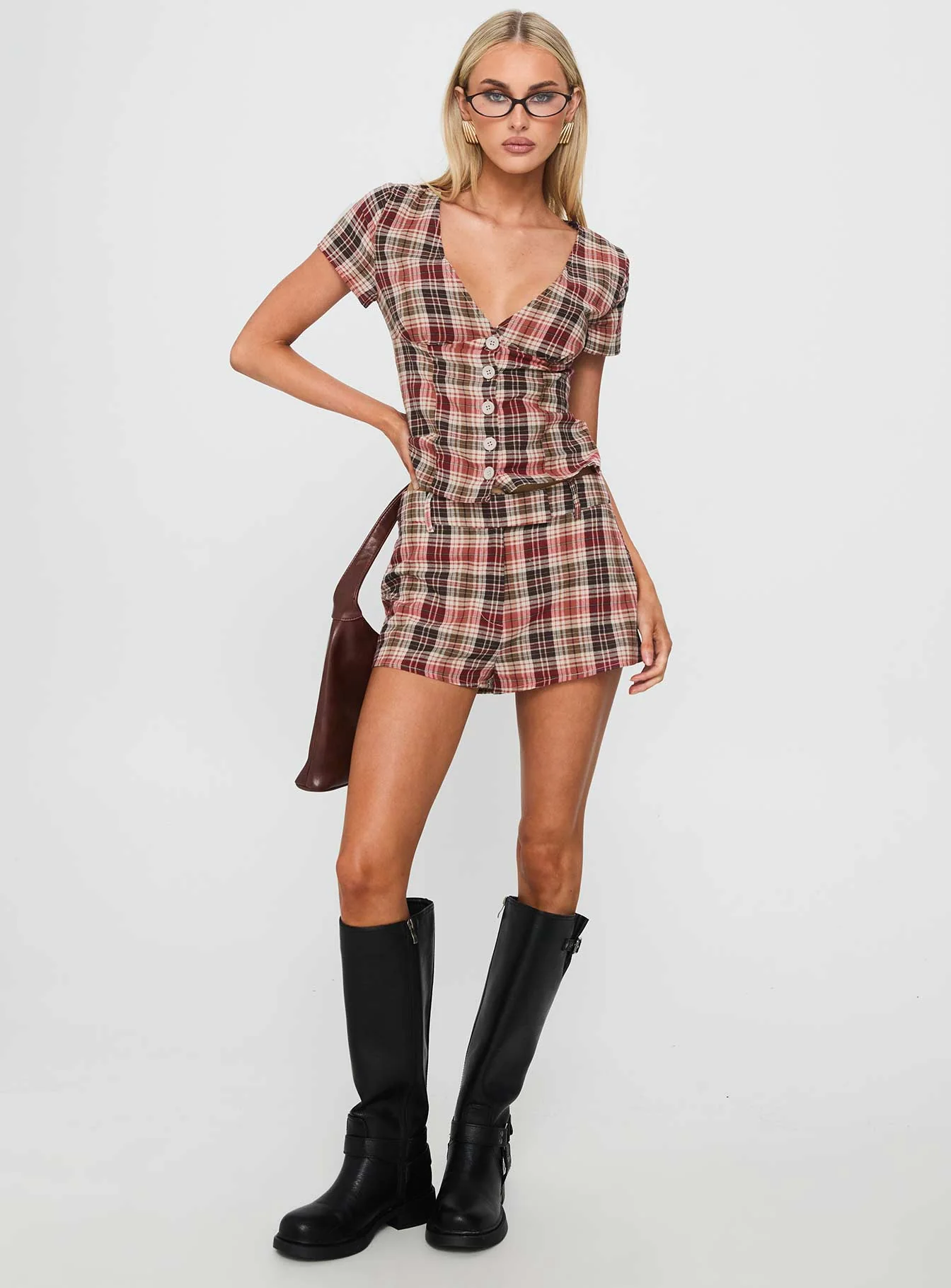 Odera Button Up Blouse Top Red Check - Image 3