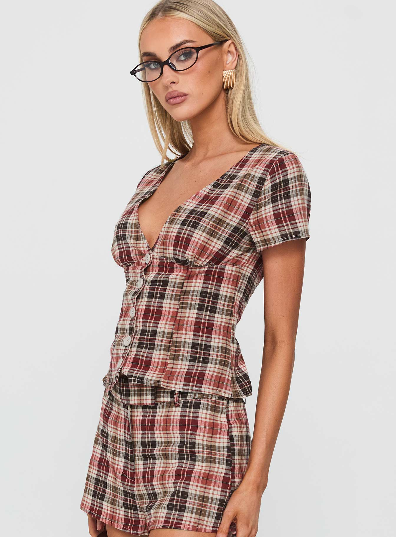Odera Button Up Blouse Top Red Check - Image 4