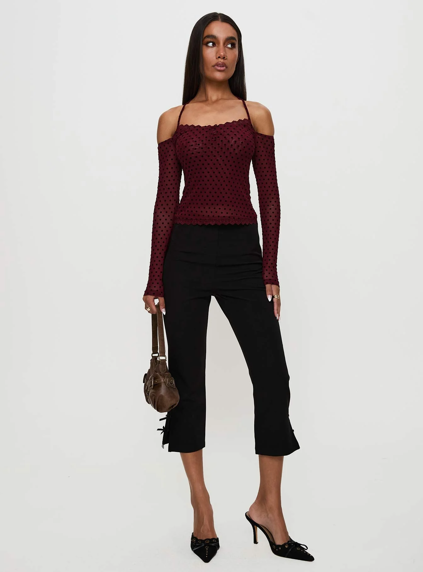 On My Side Off Shoulder Tie Neck Top Burgundy - Image 2
