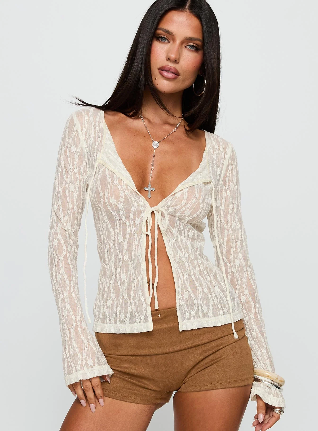 Open Your Heart Tie Detail Long Sleeve Top Cream - Image 2