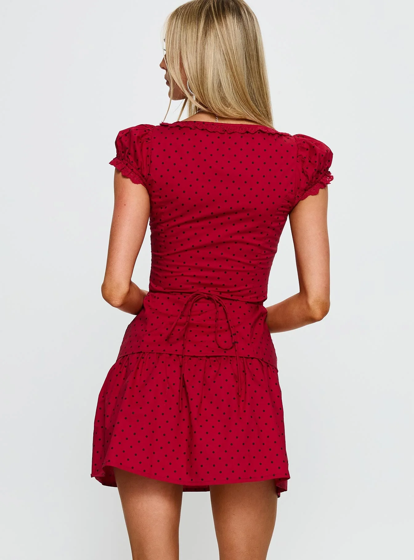 Ottillie Lace Trim Button Down Mini Dress Red Polka Dot - Image 5