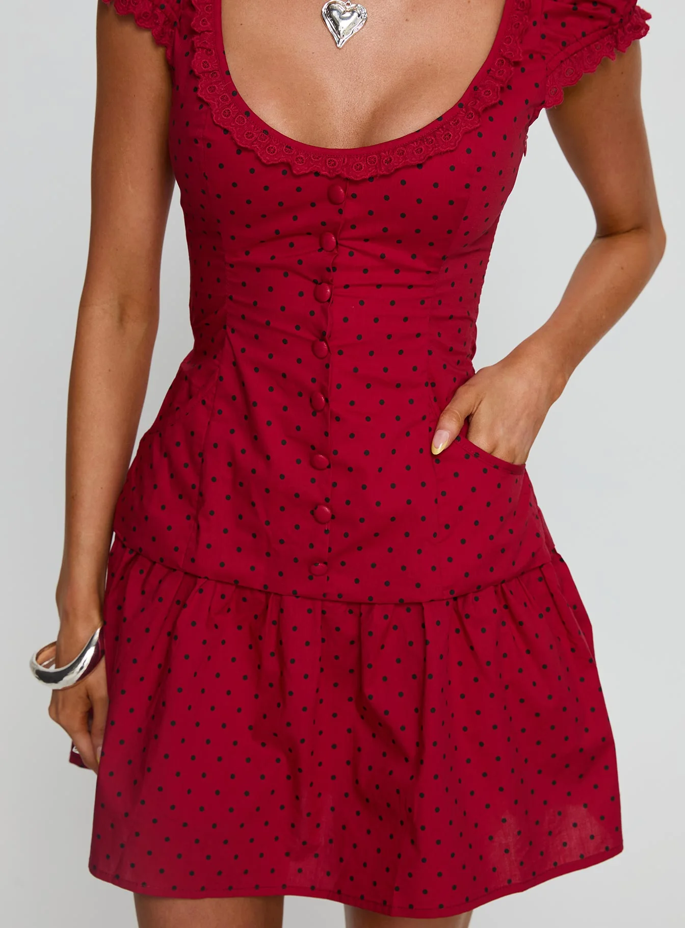 Ottillie Lace Trim Button Down Mini Dress Red Polka Dot - Image 6