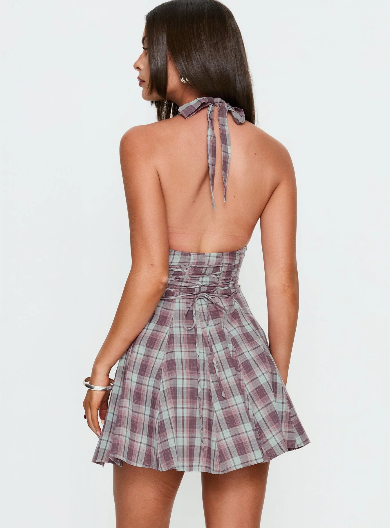 Out Of Nowhere Halter Mini Dress Burgundy / Pink Check - Image 5