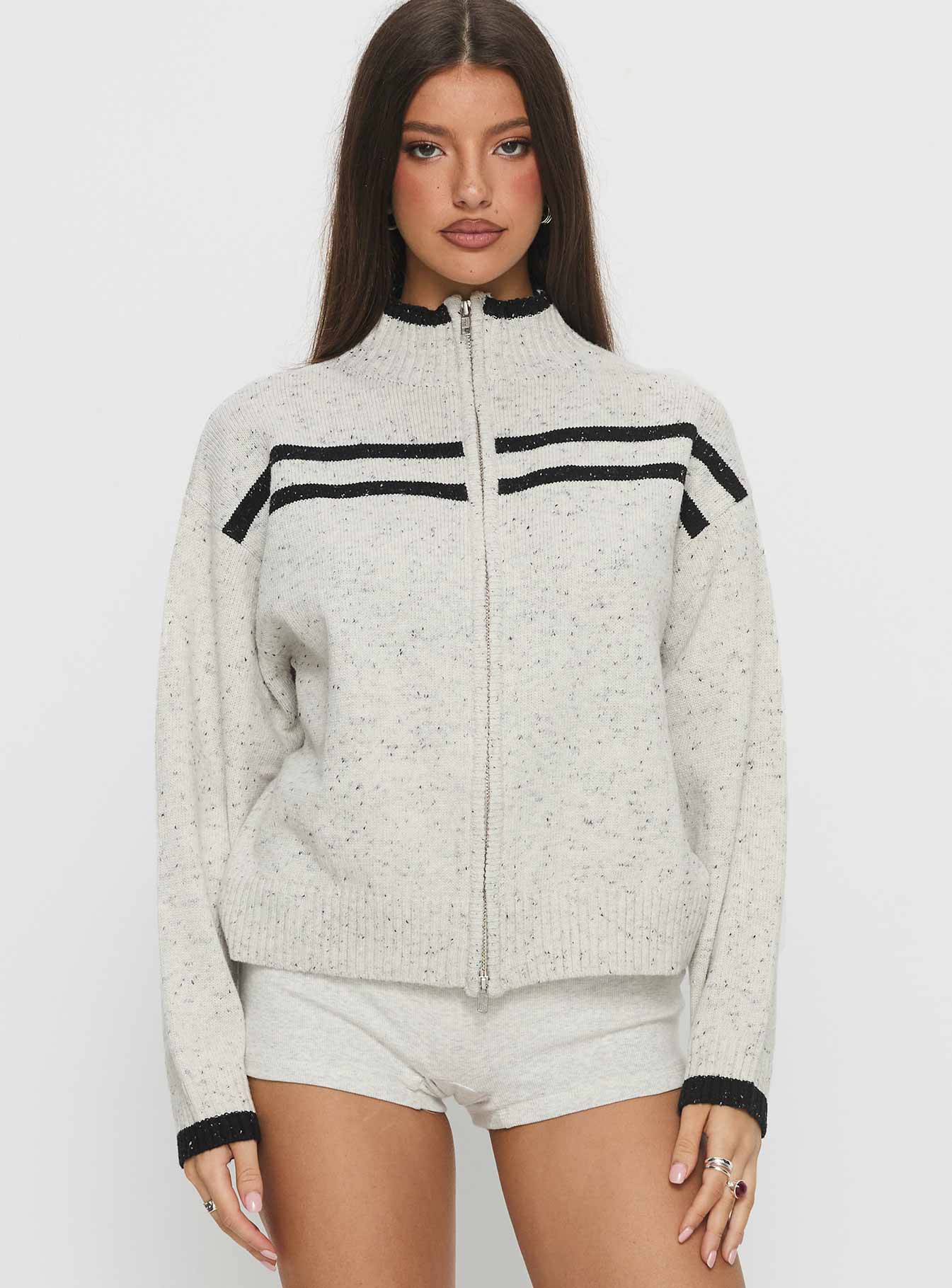 Overstayed Zip Through Cardigan Grey - Image 2