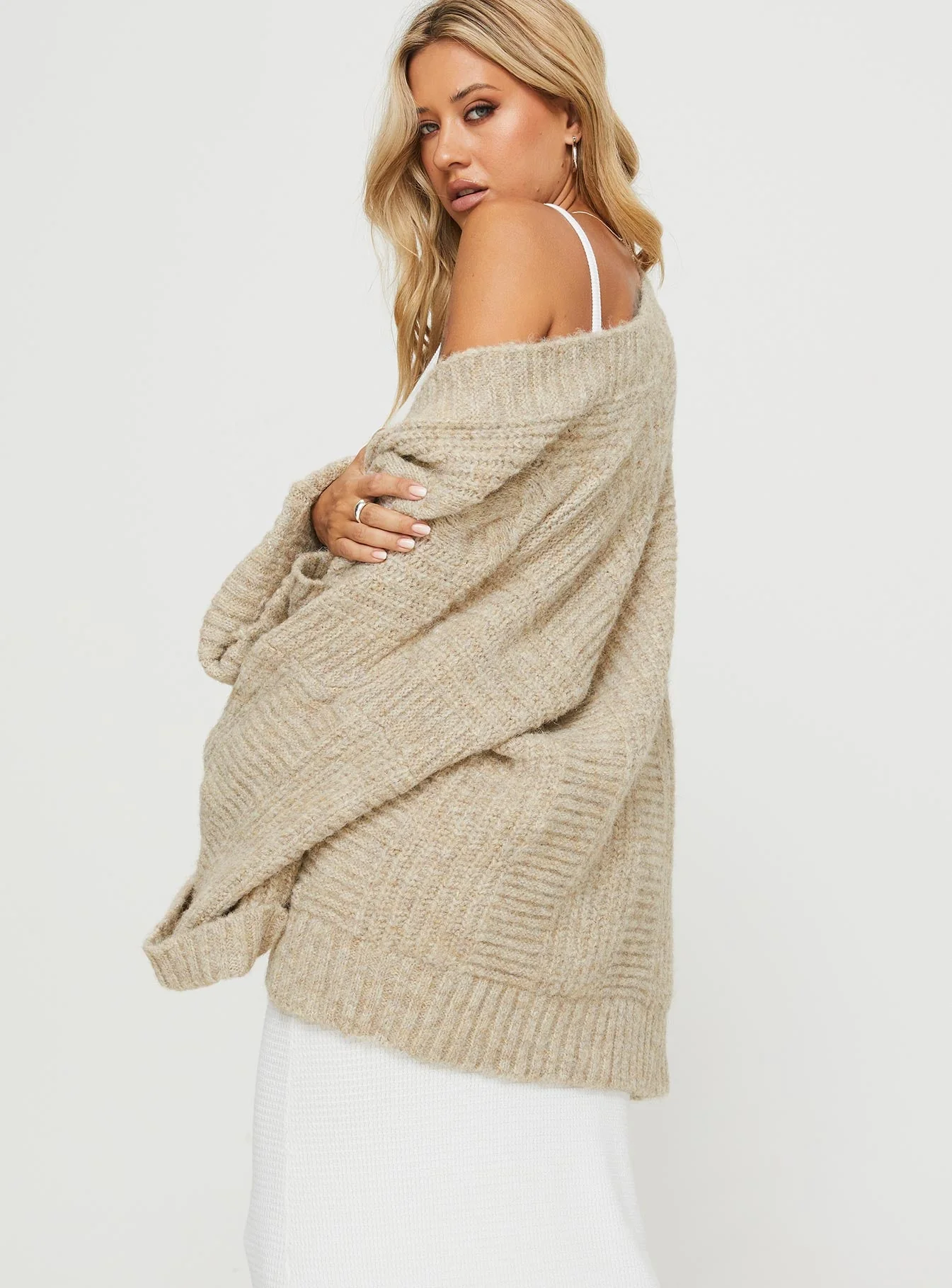Paisleigh Cable Knit Cardigan Beige - Image 5