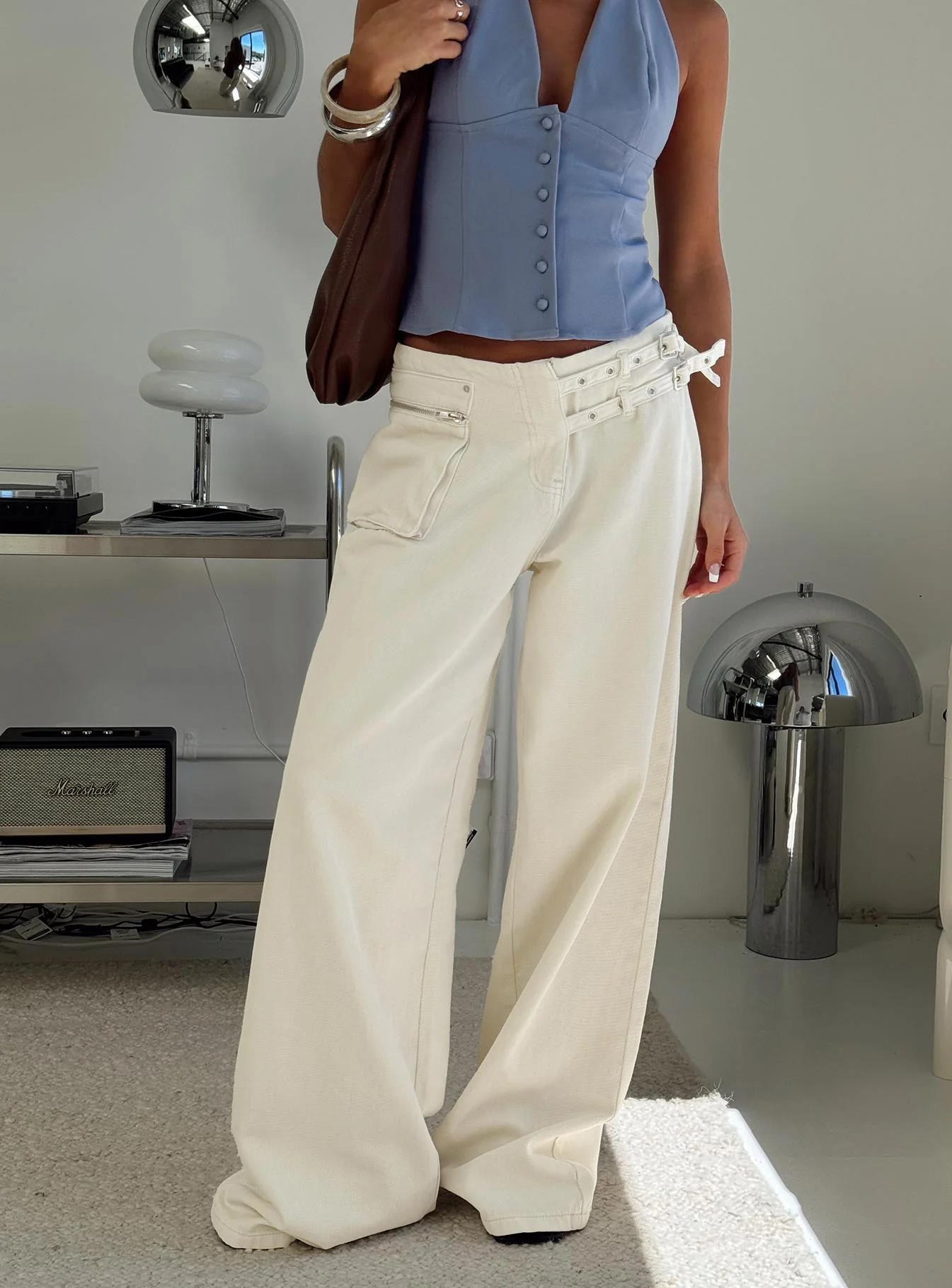 Paltrow Mid Rise Wide Leg Cargo Jeans Cream Petite - Image 8