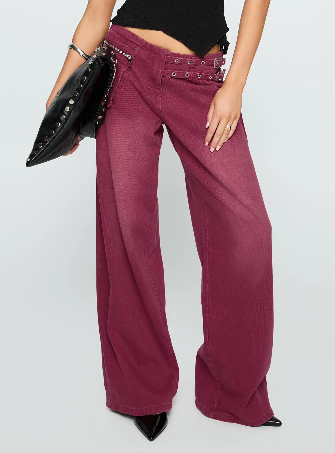 Paltrow Mid Rise Wide Leg Cargo Jeans Washed Burgundy - Image 2