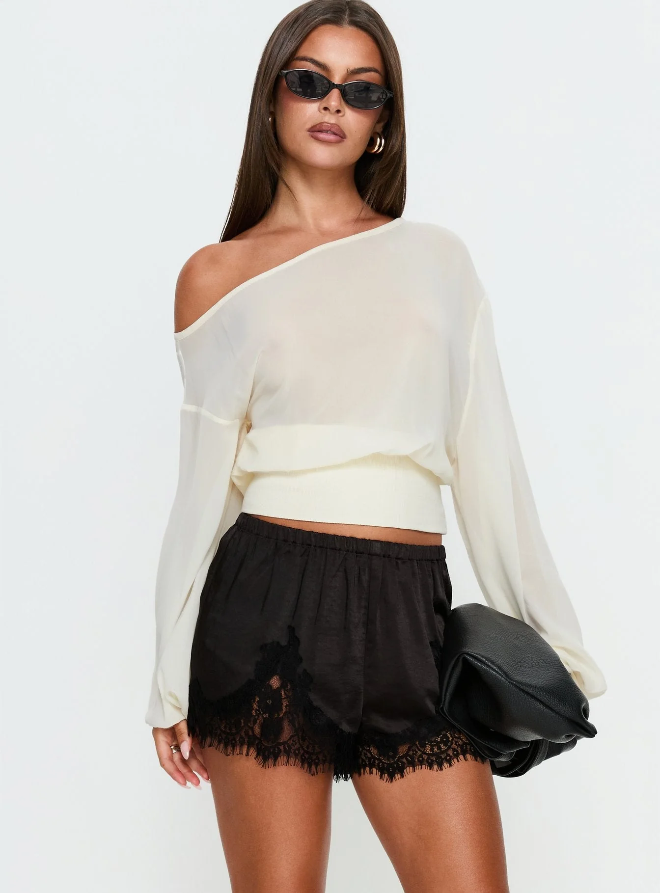 Parisse Satin Lace Trim Shorts Black - Image 2