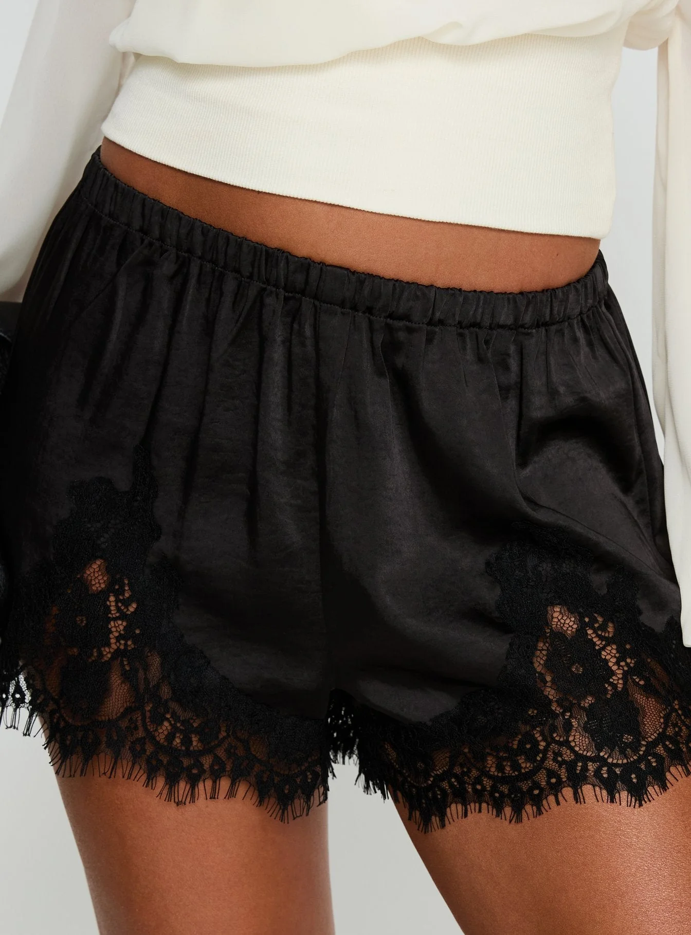 Parisse Satin Lace Trim Shorts Black - Image 6