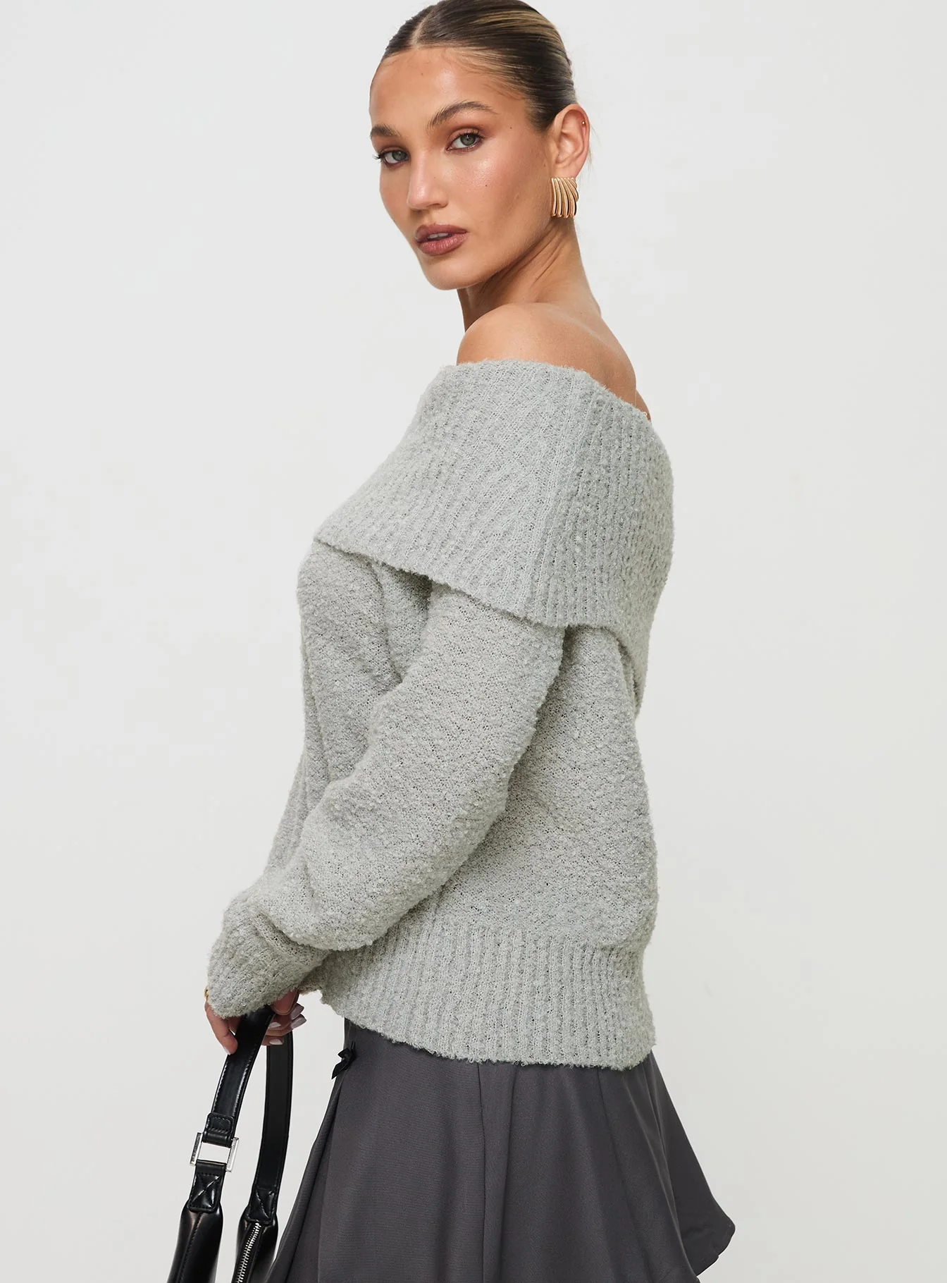 Parkley Boucle Off The Shoulder Sweater Grey Marle - Image 4