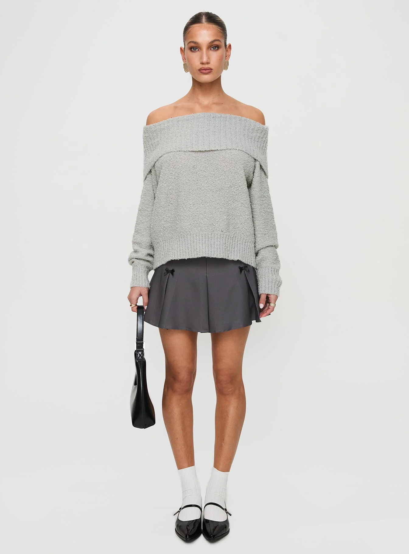 Parkley Boucle Off The Shoulder Sweater Grey Marle - Image 7