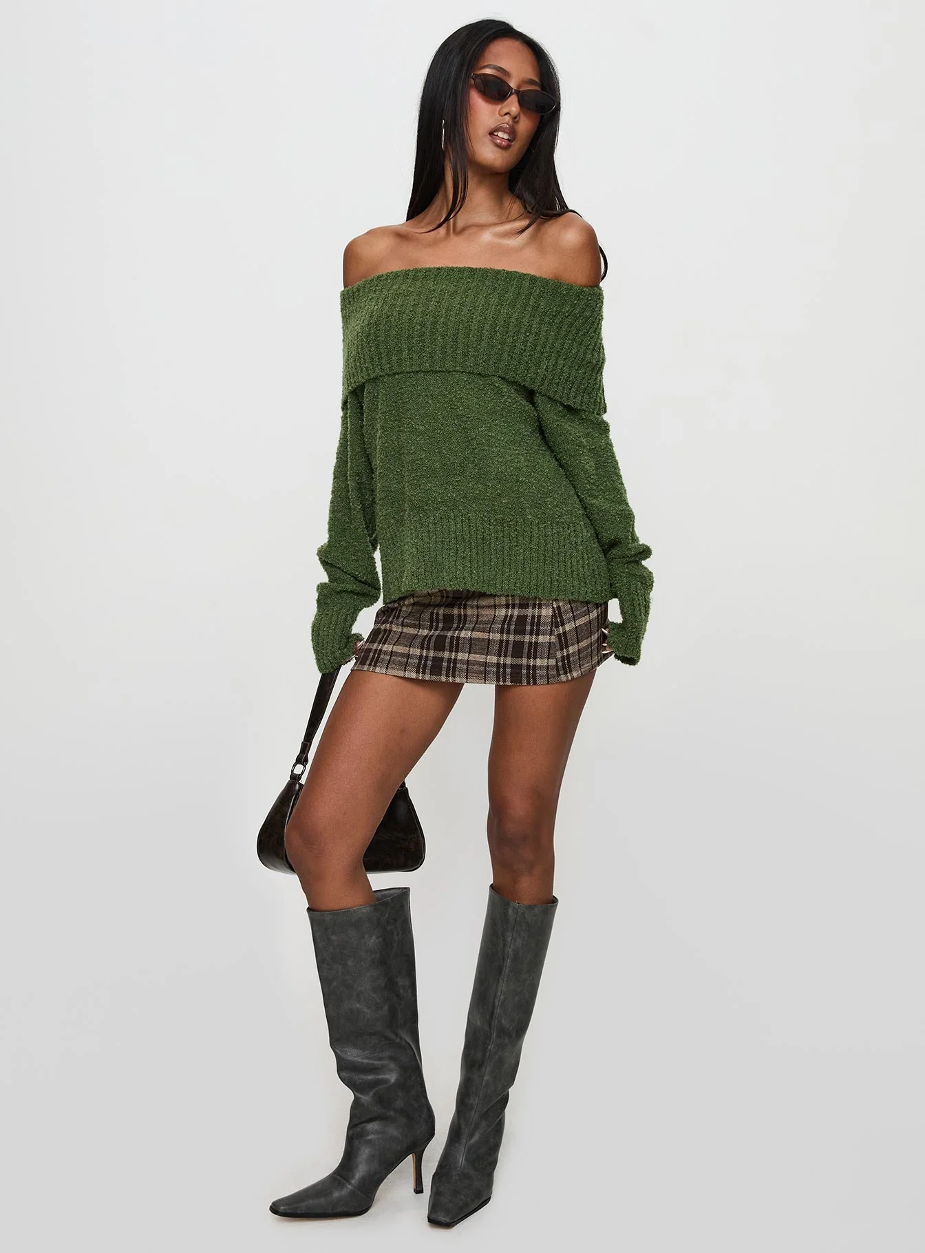 Parkley Boucle Off The Shoulder Sweater Olive - Image 2
