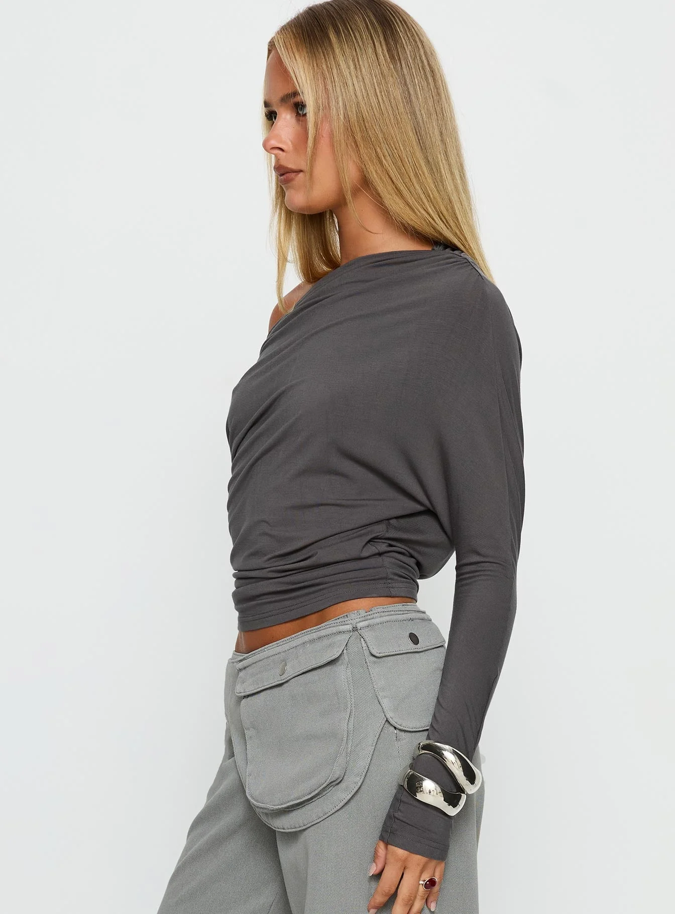 Party Hour Off Shoulder Top Charcoal - Image 4