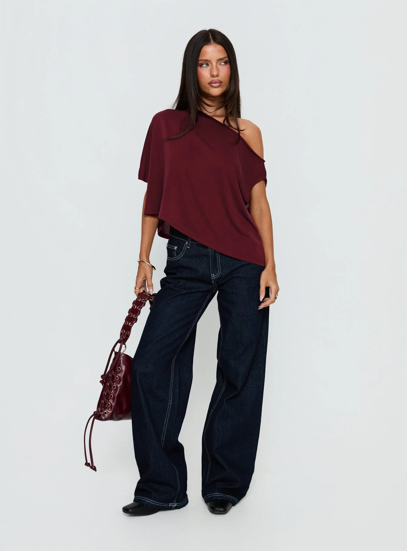 Passerby Asymmetrical Off Shoulder Top Burgundy - Image 3