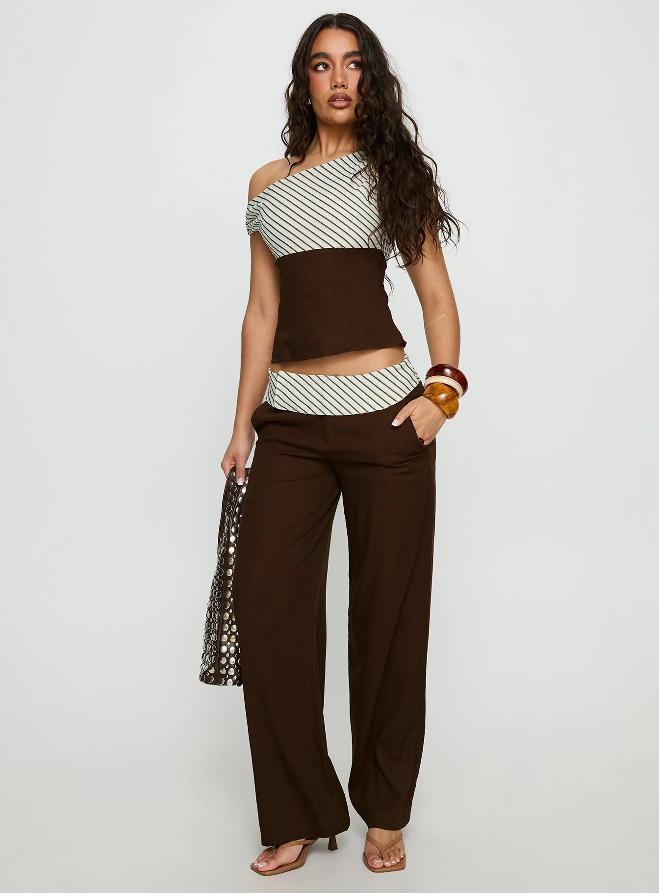 Past Life One Shoulder Top Brown / Stripe - Image 3